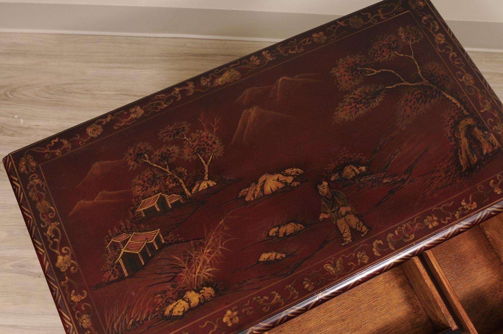 Niedriger Kommodentisch im William & Mary-Stil in Burgunderrot, bemalt, Chinoiserie-Thema im Zustand „Gut“ im Angebot in Atlanta, GA