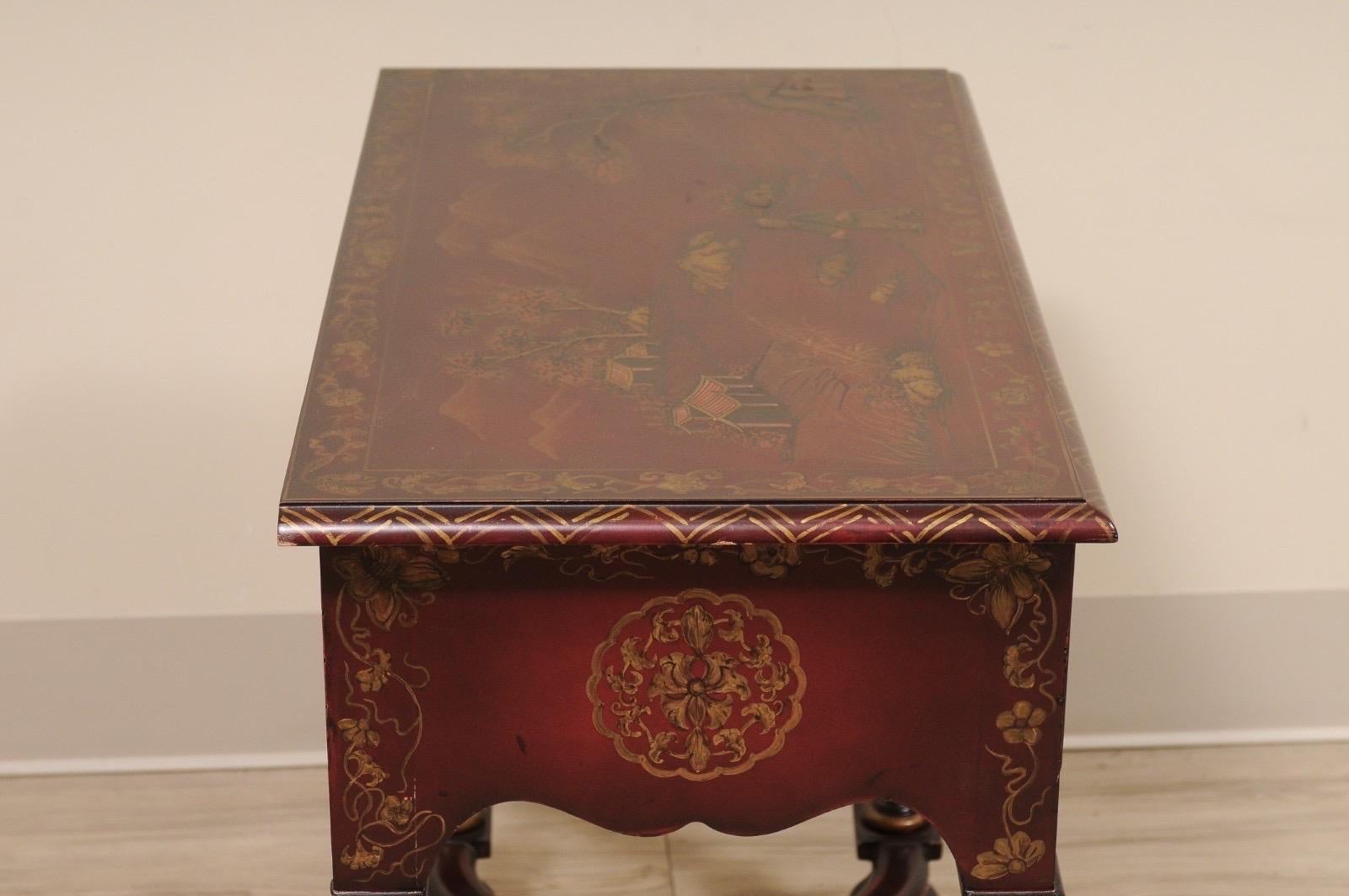 Niedriger Kommodentisch im William & Mary-Stil in Burgunderrot, bemalt, Chinoiserie-Thema (Holz) im Angebot