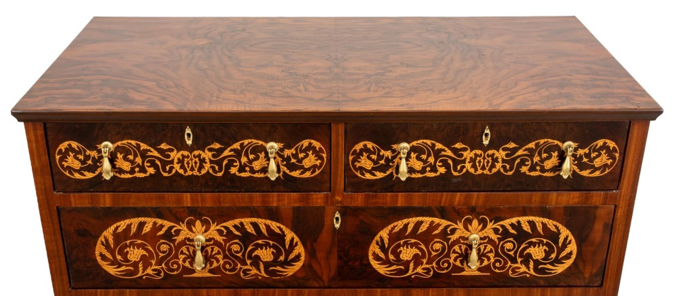 William and Mary Style Marquetry Walnut Chest of Drawers, two short drawers above three frieze drawer on rectangular base with single frieze drawer on five ball feet. 41