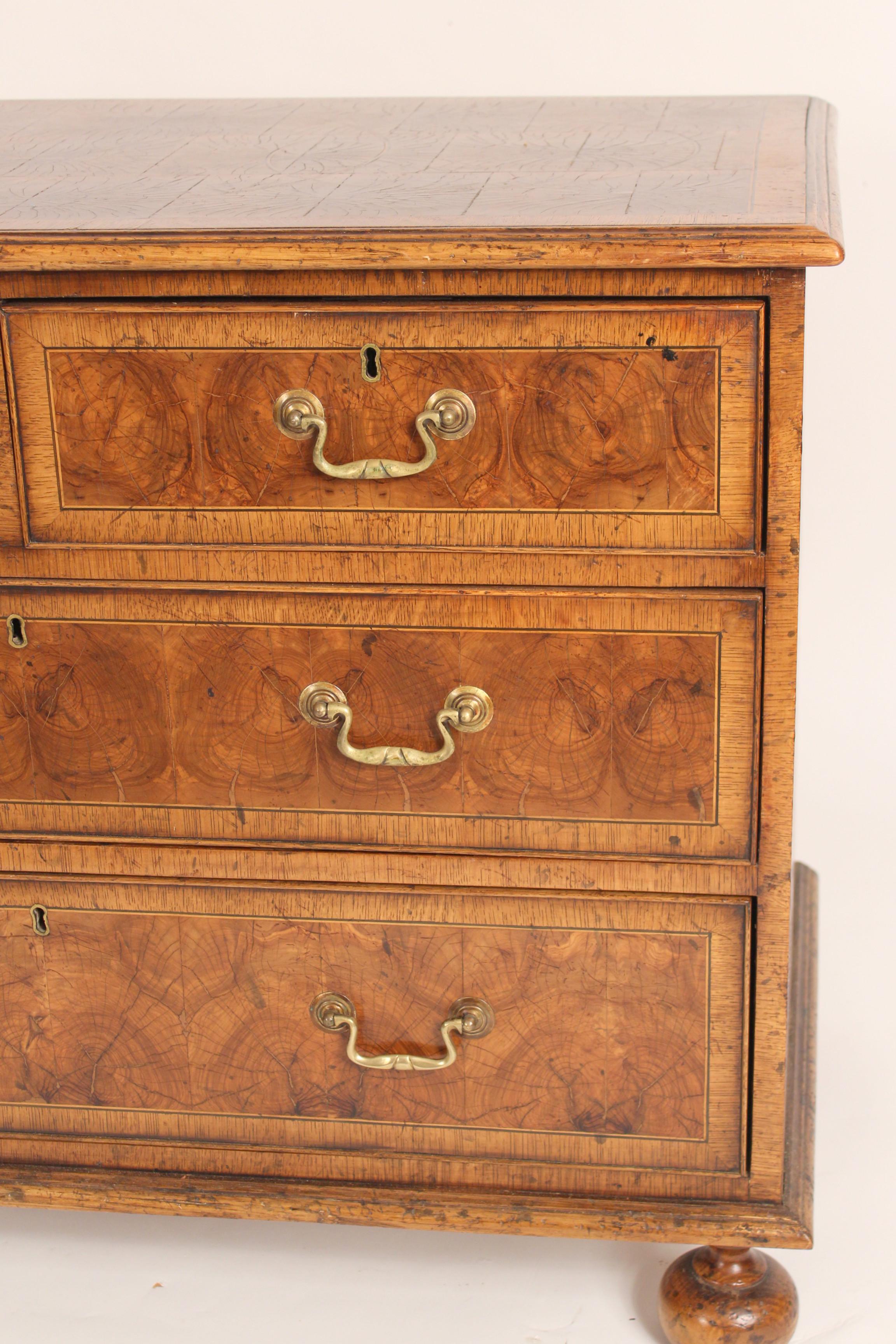 Brass William & Mary Style Oyster Burl Chest of Drawers