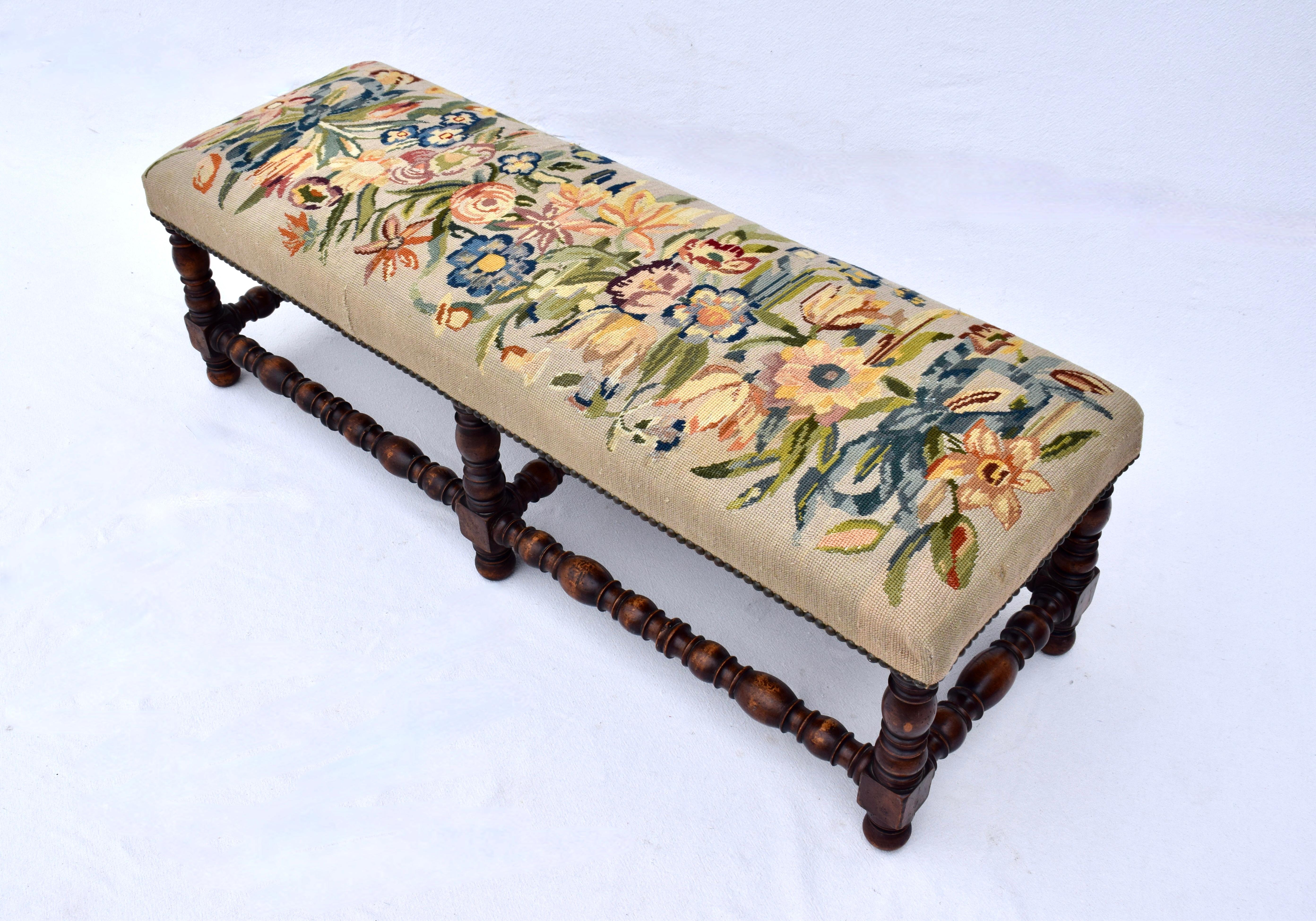 William & Mary Style Turned Antique Bench 2