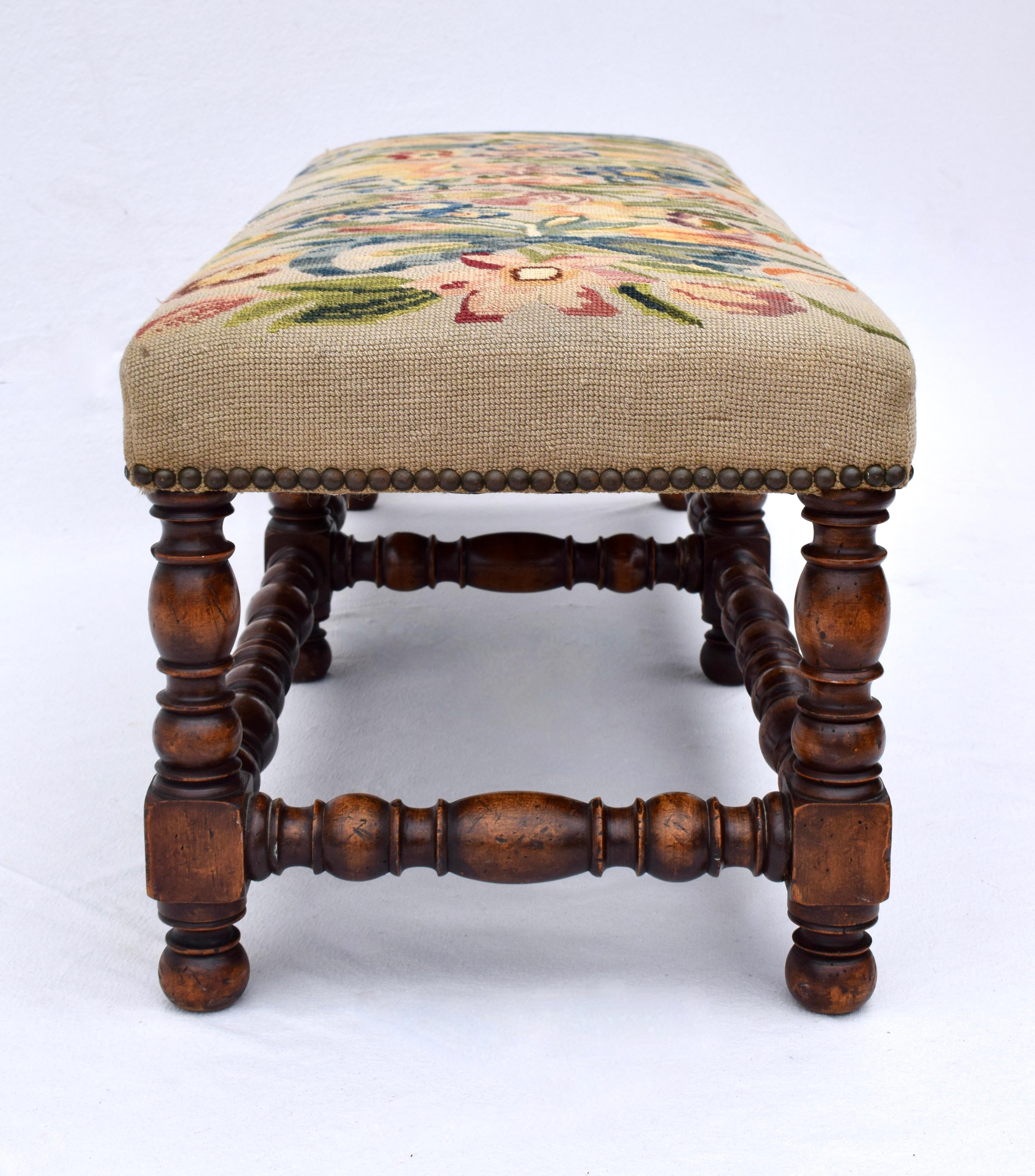 Needlepoint William & Mary Style Turned Antique Bench