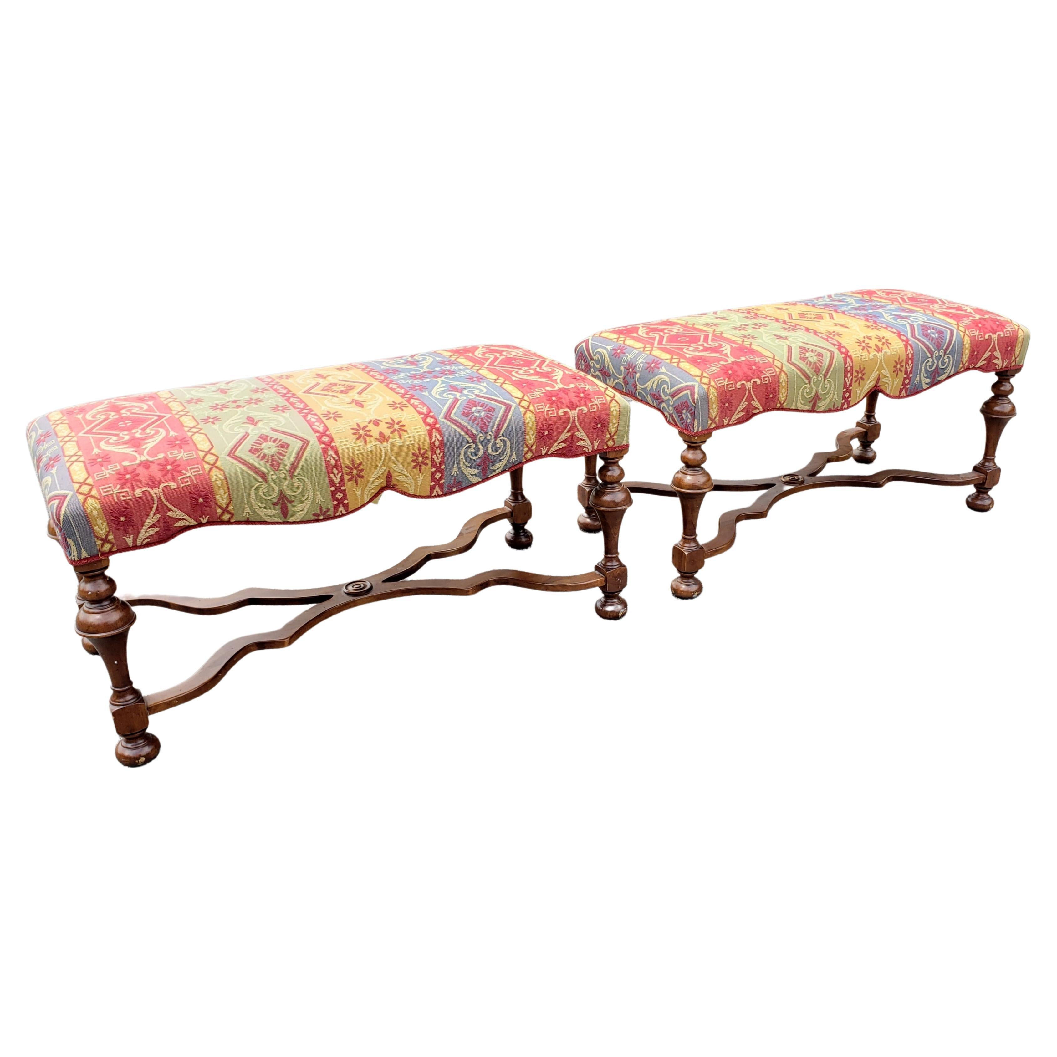 A beautiful pair of Hickory Chair Co. William & Mary Style Upholstered Seat Boudoir Benches in good condition.
Clean upholstery in very good shape. 
Measures 28