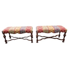 William & Mary Upholstered Seat Boudoir Benches by Hickory Chairs Co. C 1950s
