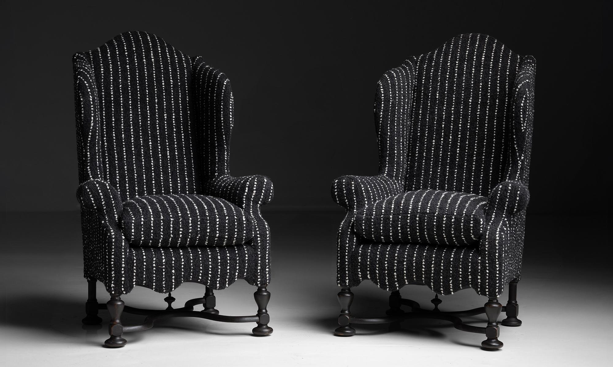 William & Mary Wingback Chairs in Rosemary Hallgarten Fabric
England circa 1890
Antique frames newly upholstered in chalk stripe alpaca blend by Rosemary Hallgarten.
33.5”w x 33”d x 51.5”h x 23”seat