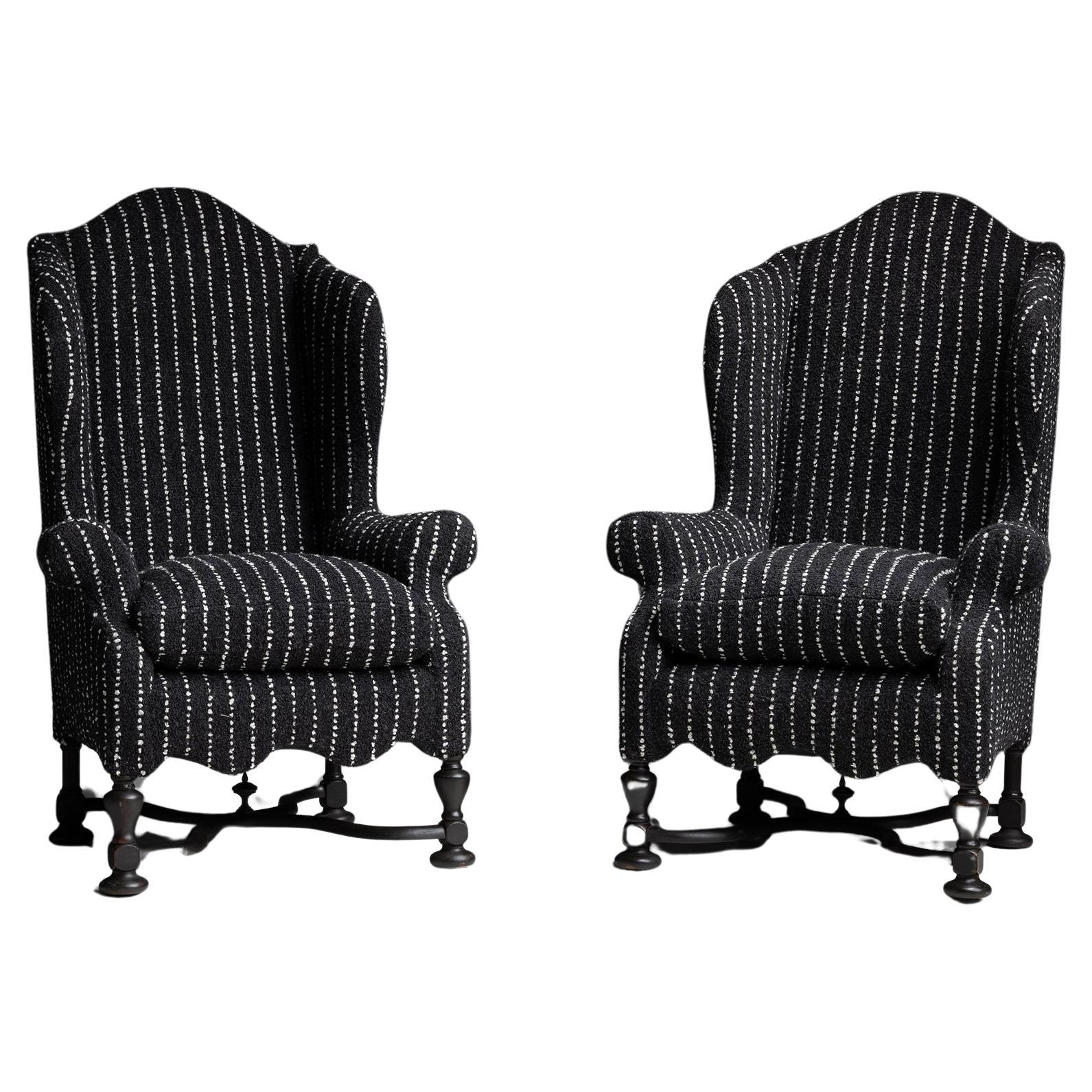 William & Mary Wingback Chairs in Rosemary Hallgarten Fabric Circa 1890