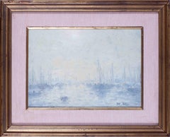 Vintage British Impressionist painting of boats on the estuary, possibly port of London