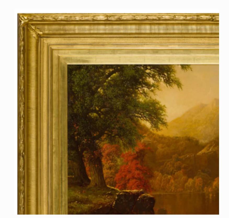 Eine Symphonie herbstlicher Farbtöne entfaltet sich in Autumn Scene with Lake, einer meisterhaften Landschaft von William Mason Brown. Das Gemälde zeigt einen ruhigen See inmitten von sanften Hügeln, die in das warme Licht des Herbstes getaucht