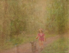 Vintage A Girl and her Dog - Mid 20th Century Impressionist Oil Pastel by William Mason