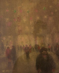City Lights - Impressionistisches Ölpastell der Winterstadt von Mason, Mitte des 20. Jahrhunderts