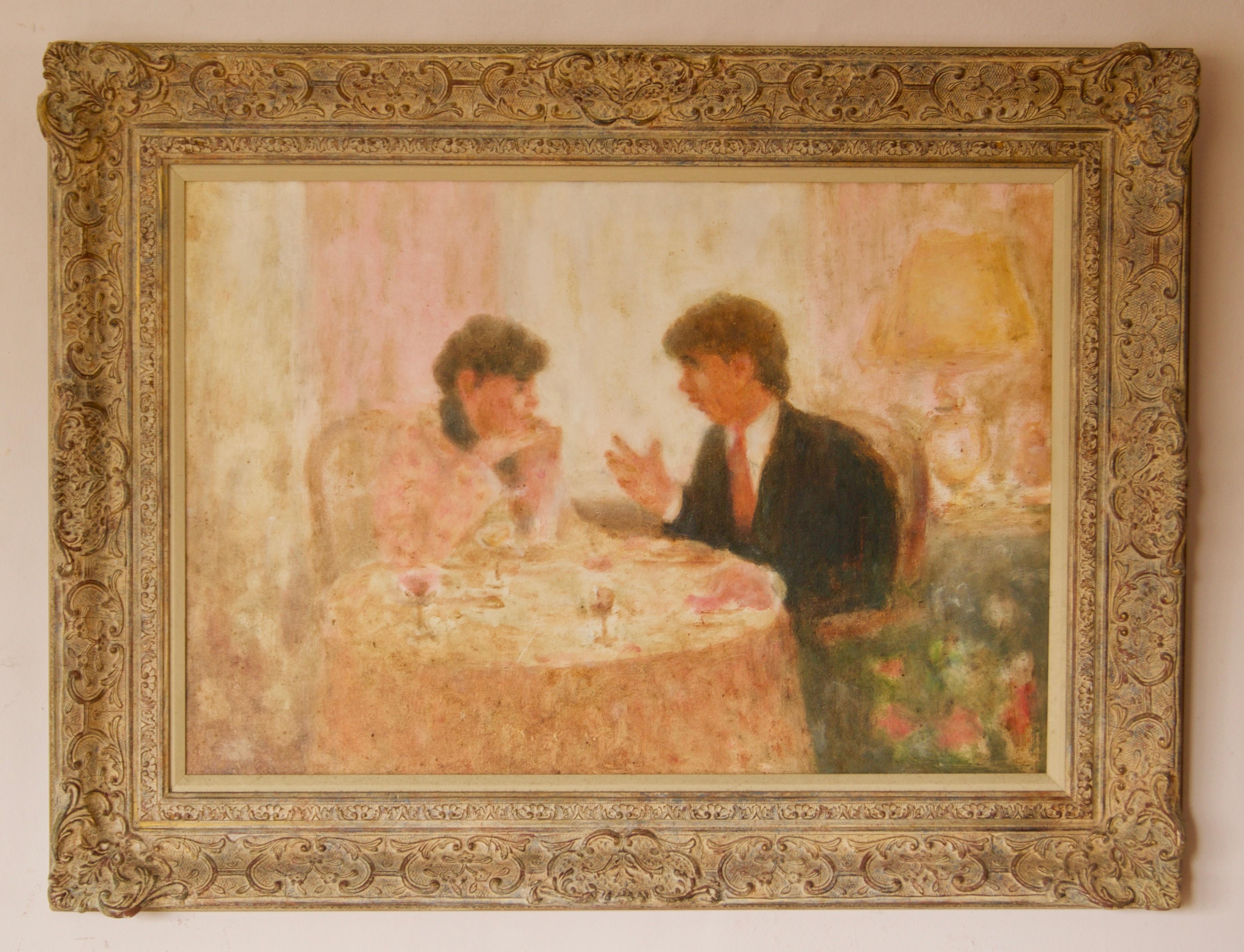 The Conversation at Restaurant - Mid 20th Century Impressionist Pastel - Mason  - Painting by William Mason