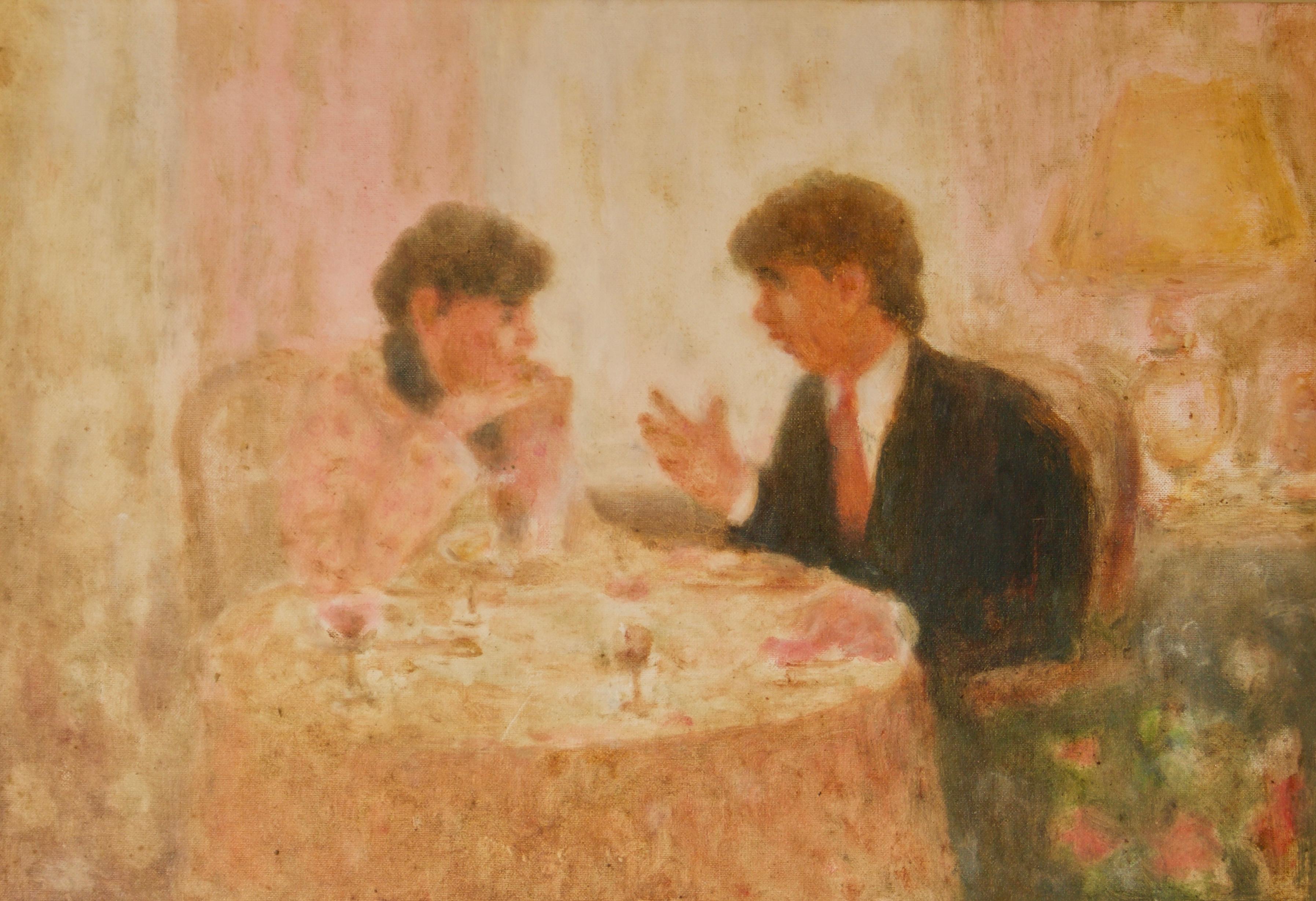 William Mason Landscape Painting - The Conversation at Restaurant - Mid 20th Century Impressionist Pastel - Mason 