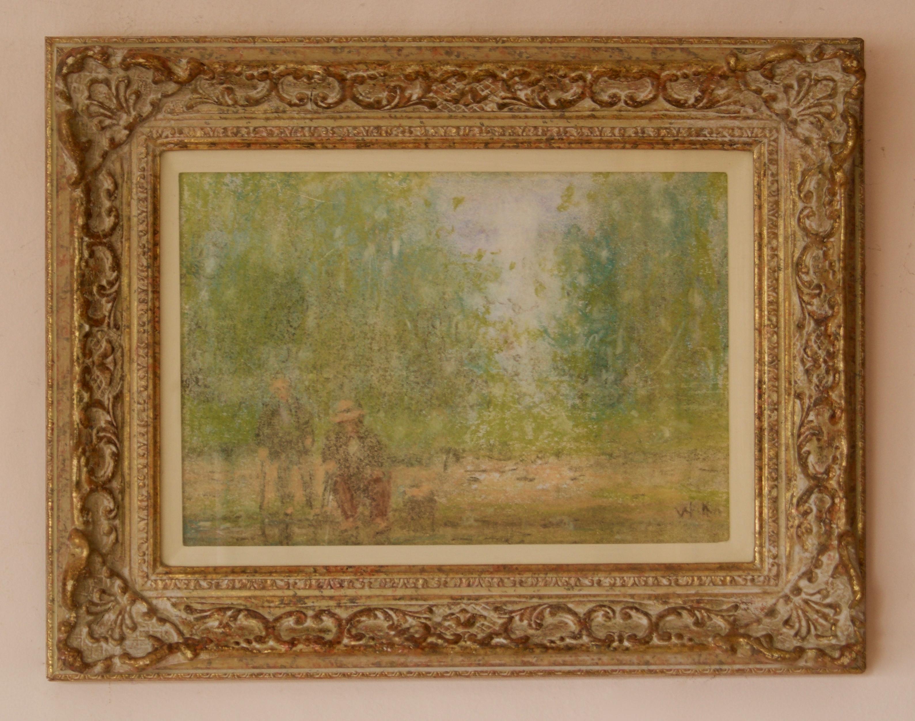 Two Old Men Sitting - Mid 20th Century Impressionist Oil Pastel by William Mason For Sale 1