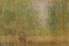 Dos ancianos sentados - Pastel al óleo impresionista de mediados del siglo XX por William Mason