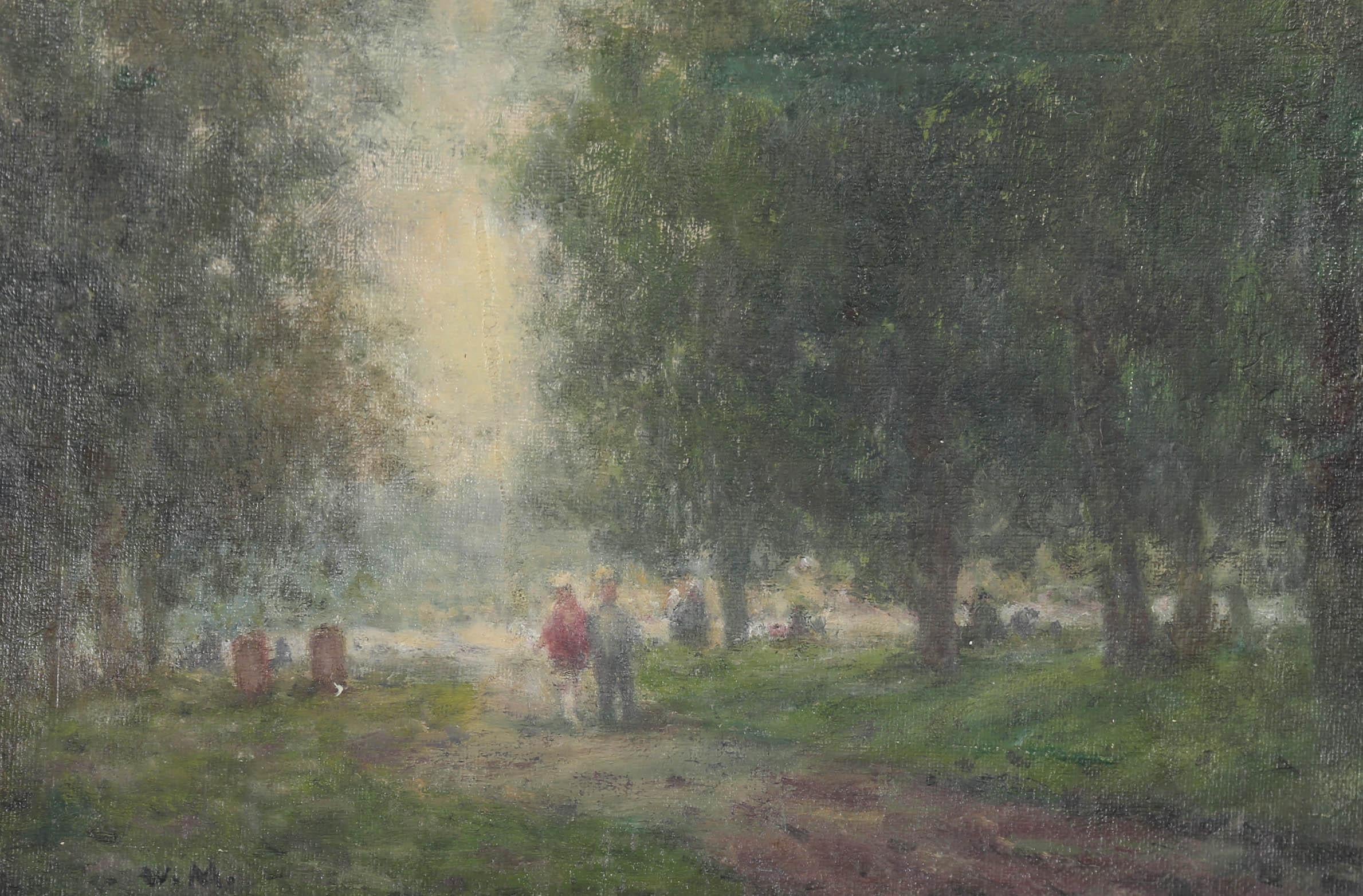 A charming landscape study painted in an impressionist style depicting figures walking through a park. Signed with initials to the lower left. Biographical details on the artist attached to the reverse. On canvas.