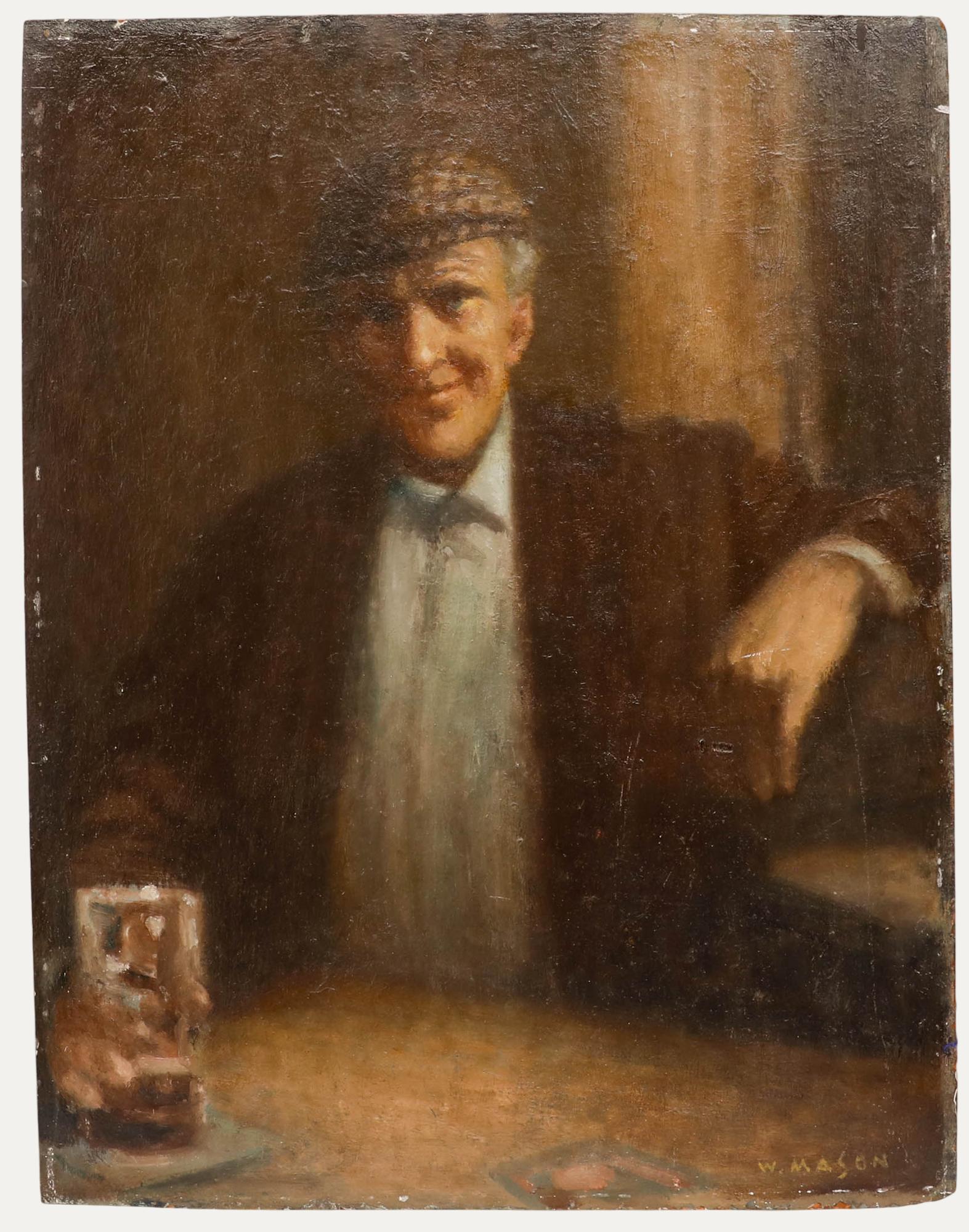 Un charmant portrait de William Mason (1906-2002), datant du milieu du siècle dernier, représentant un vieil Irlandais prenant un verre au pub local. Signé "Mason" en bas à droite. Inscription au verso : "Dublin '57". A bord. 