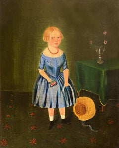 Antique The Daughter, 19th Century Oil Portrait Painting, Primitive Folk Style