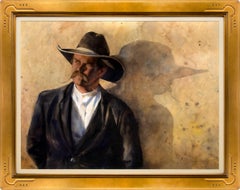 Cowboy with Hat & Moustache, Western Portrait of a Man, Black White Beige Gold
