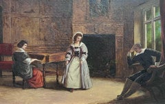 Historical Musical Home Interior Three Figures Wood Paneled Interior with Piano