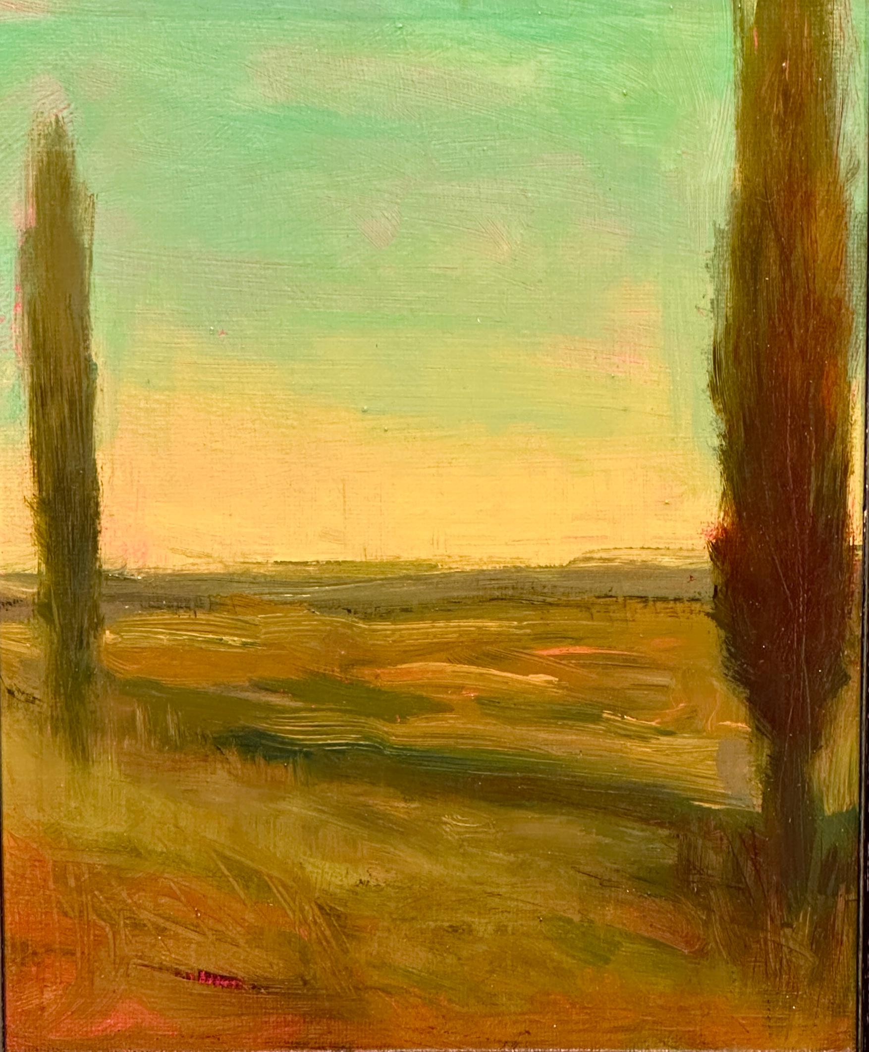 Este atmosférico paisaje de William McCarthy encarna su característica mezcla de realismo y abstracción, evocando una serenidad onírica. Enmarcada por dos árboles verticales, la composición atrae al espectador hacia un vasto horizonte abierto bañado