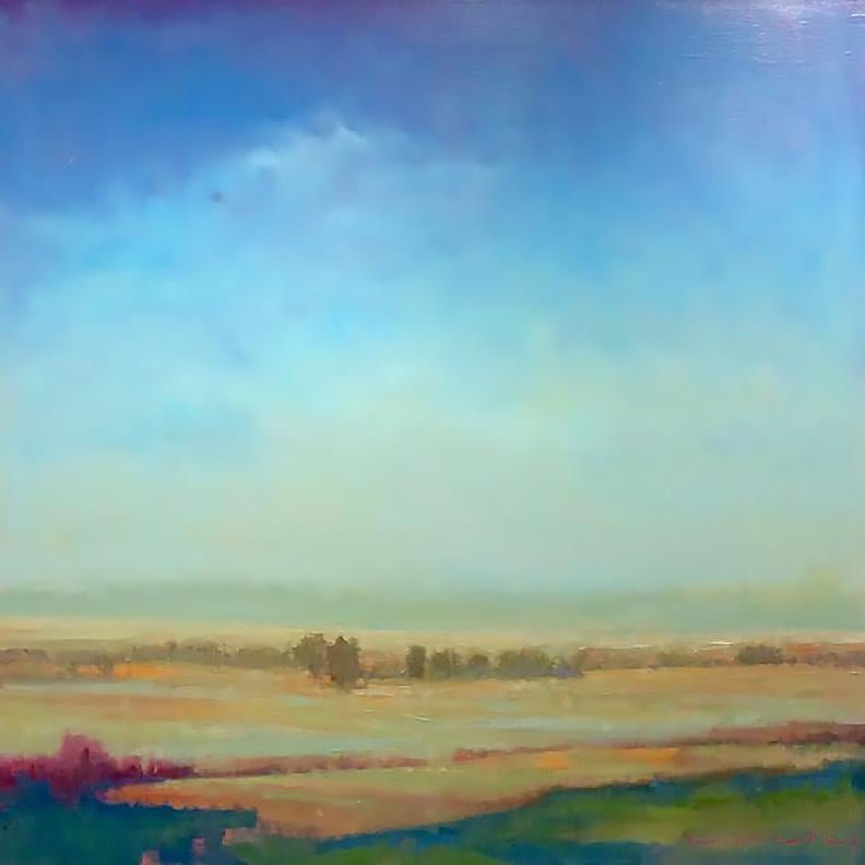 Ce paysage de rêve, "Everything's New", est une peinture à l'huile sur toile de 36x36 réalisée par l'artiste William McCarthy. Il offre une vue étendue sur un patchwork de champs délimités par des lignes d'arbres. Une atmosphère brumeuse apporte une