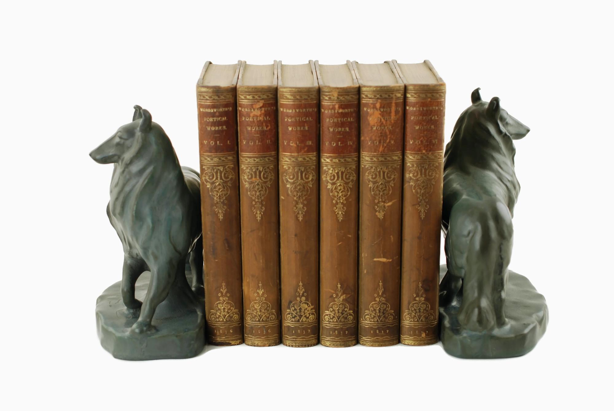 This handsome pair of American art pottery bookends were designed by William McDonald, (1864-1931) for acclaimed Rookwood Pottery of Cincinnati, Ohio. The bookends have been made in the form of Rough Collie dogs who have been depicted standing on
