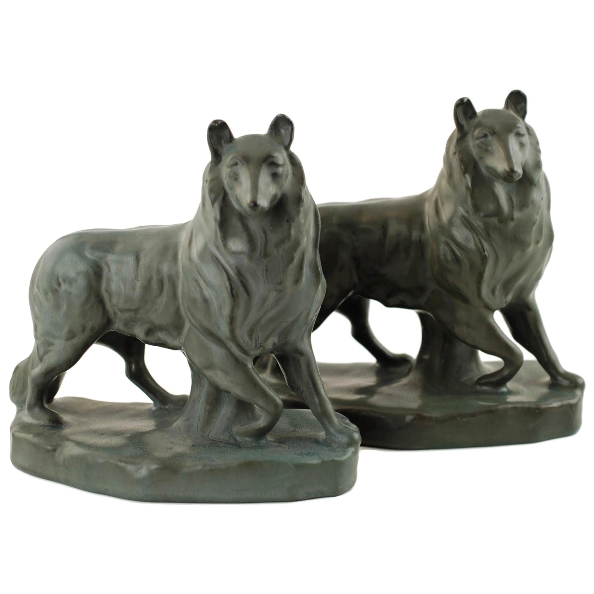 William McDonald for Rookwood Pottery Collie Dog Bookends, circa 1926 For Sale