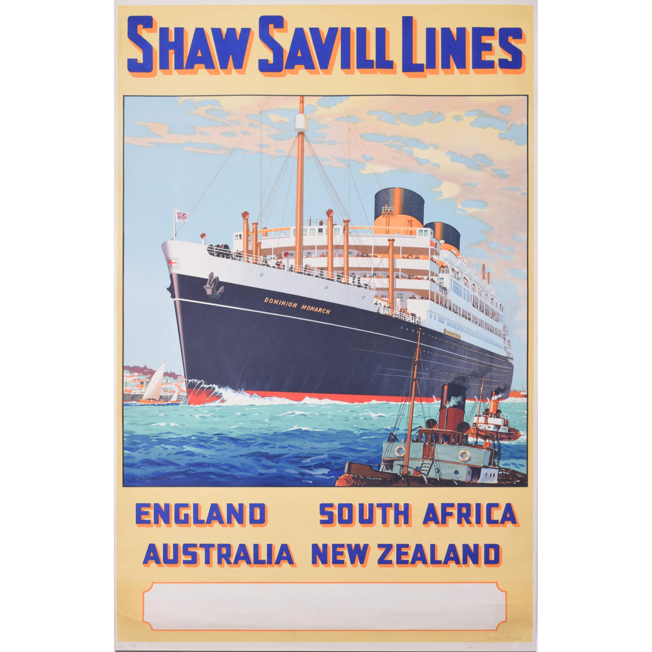 Shaw Savill Lines - Affiche vintage originale de Dominion Monarch par William McDowell en vente 4