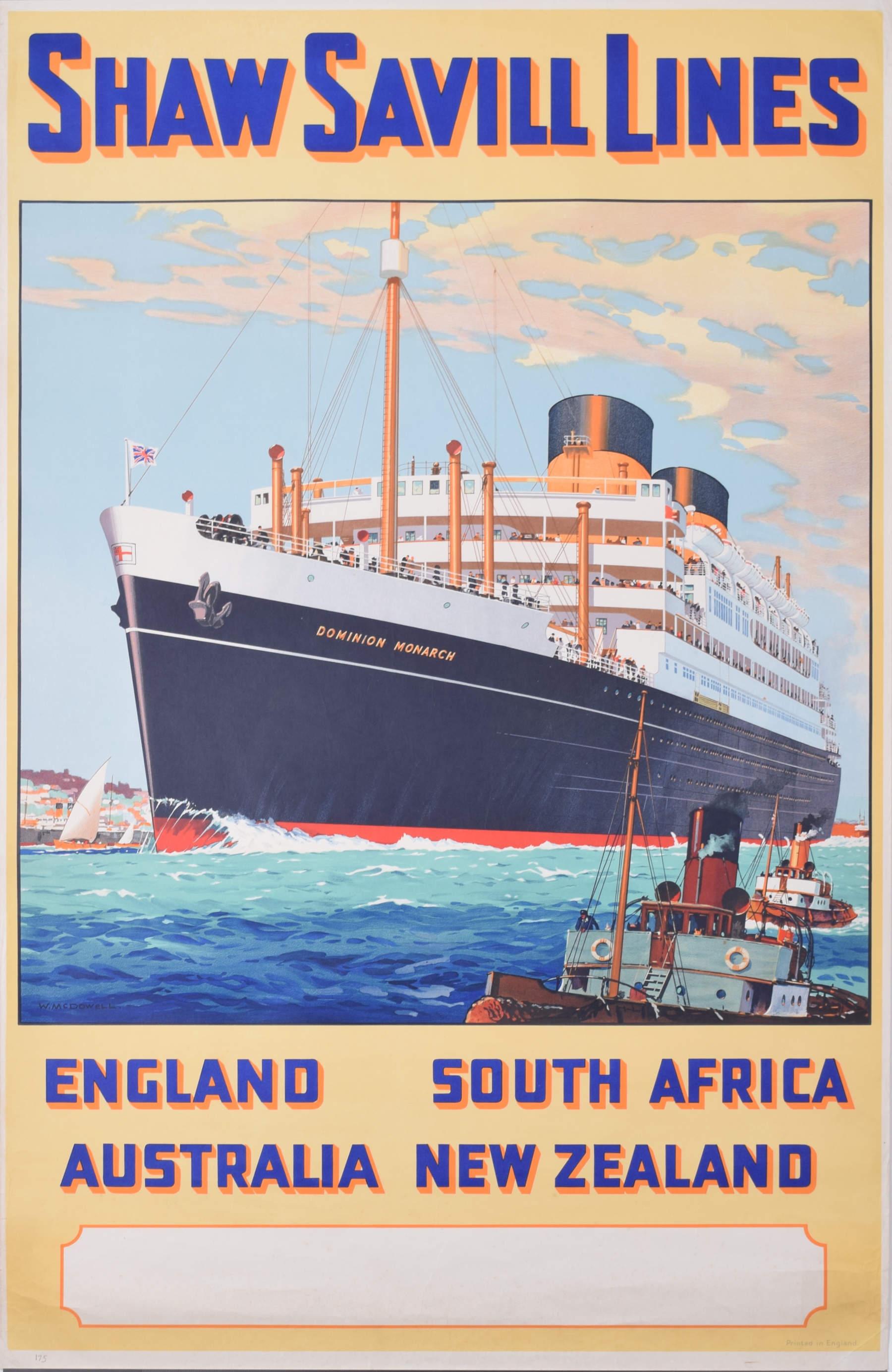 To see our other original vintage posters, scroll down to "More from this Seller" and below it click on "See all from this Seller" - or send us a message if you cannot find the poster you want.

William McDowell (1888 - 1950)
Shaw Savill Lines -
