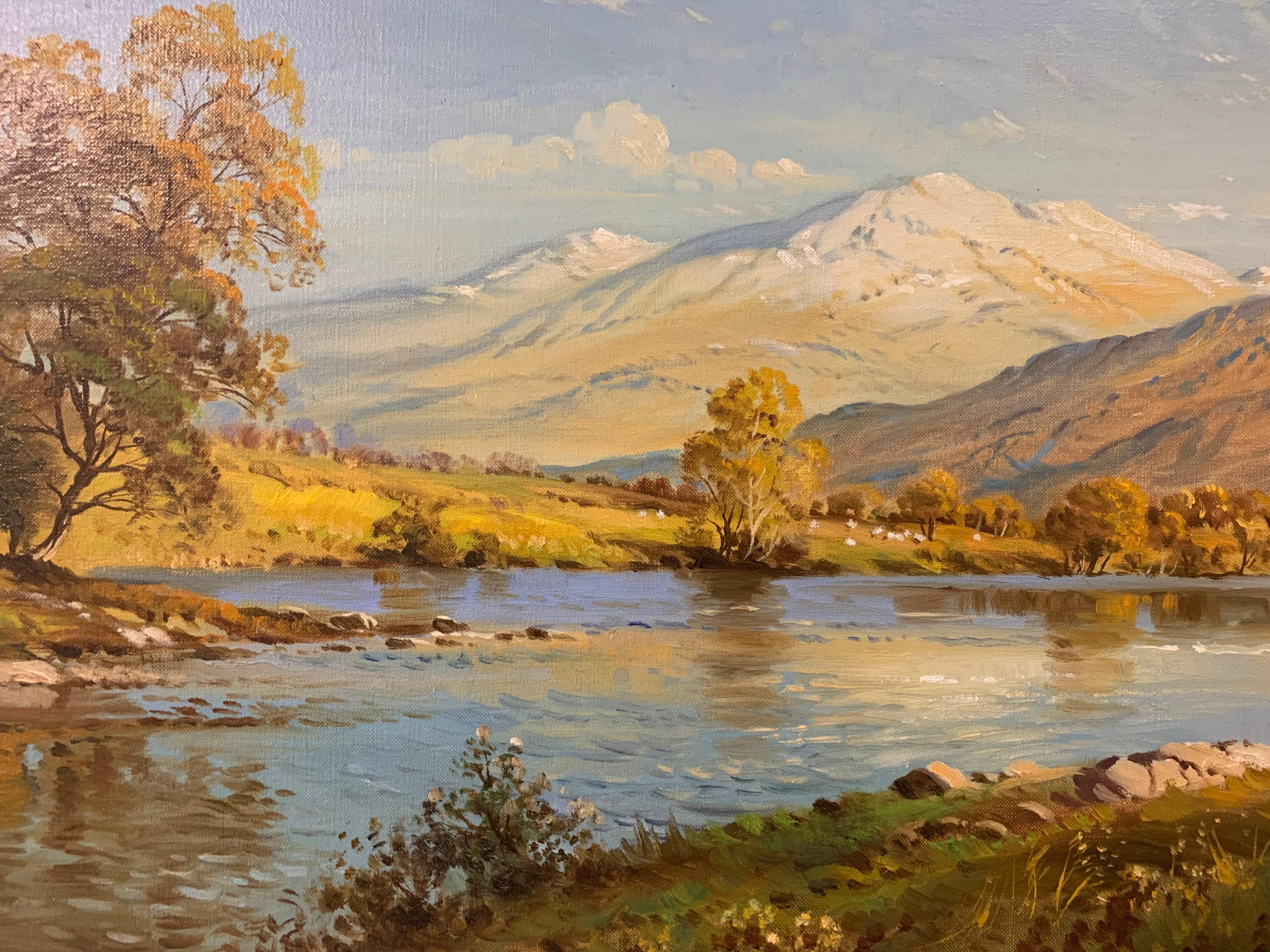 Evening Glow at Loch Torridon on the West Coast of Scotland Autumnal Landscape Painting. A beautiful realist oil painting of the Scottish Highlands from a highly respected British Artist. 

Art measures 30 x 20 inches
Frame measures 35 x 25 inches