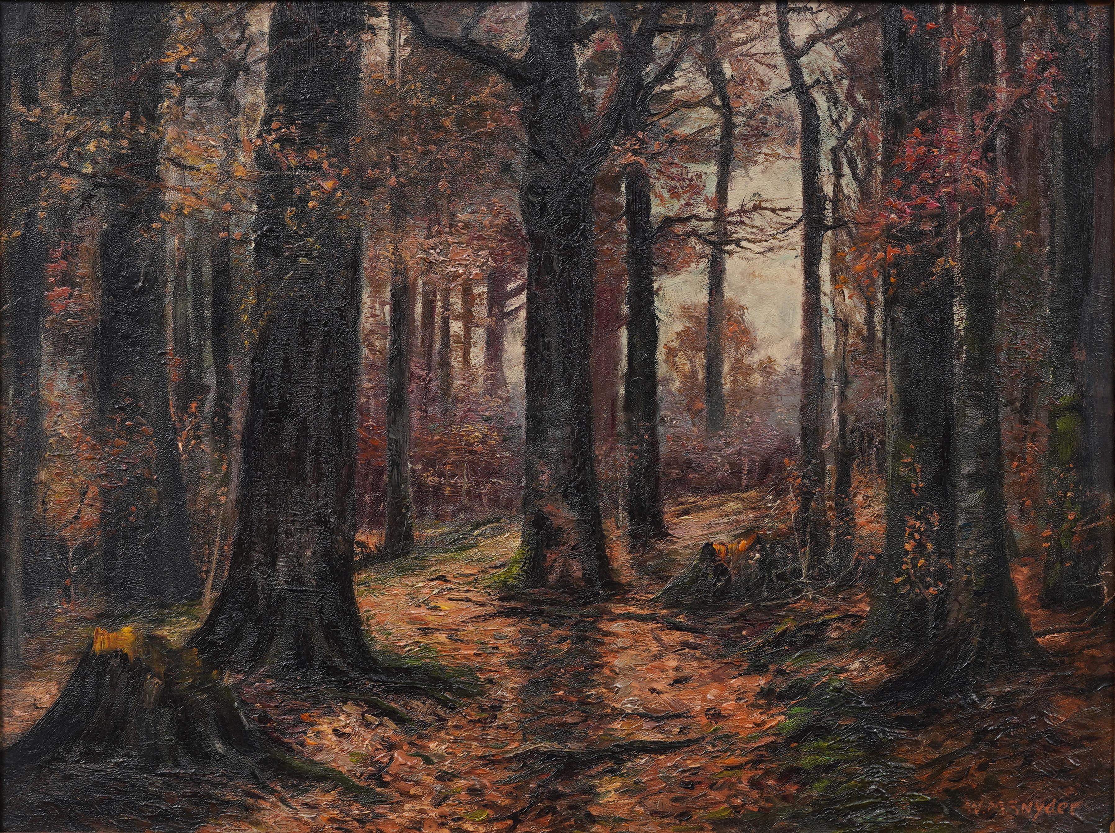 Quadro antico impressionista americano Indiana Forest Interior con cornice - Painting Impressionismo di William McKendree Snyder