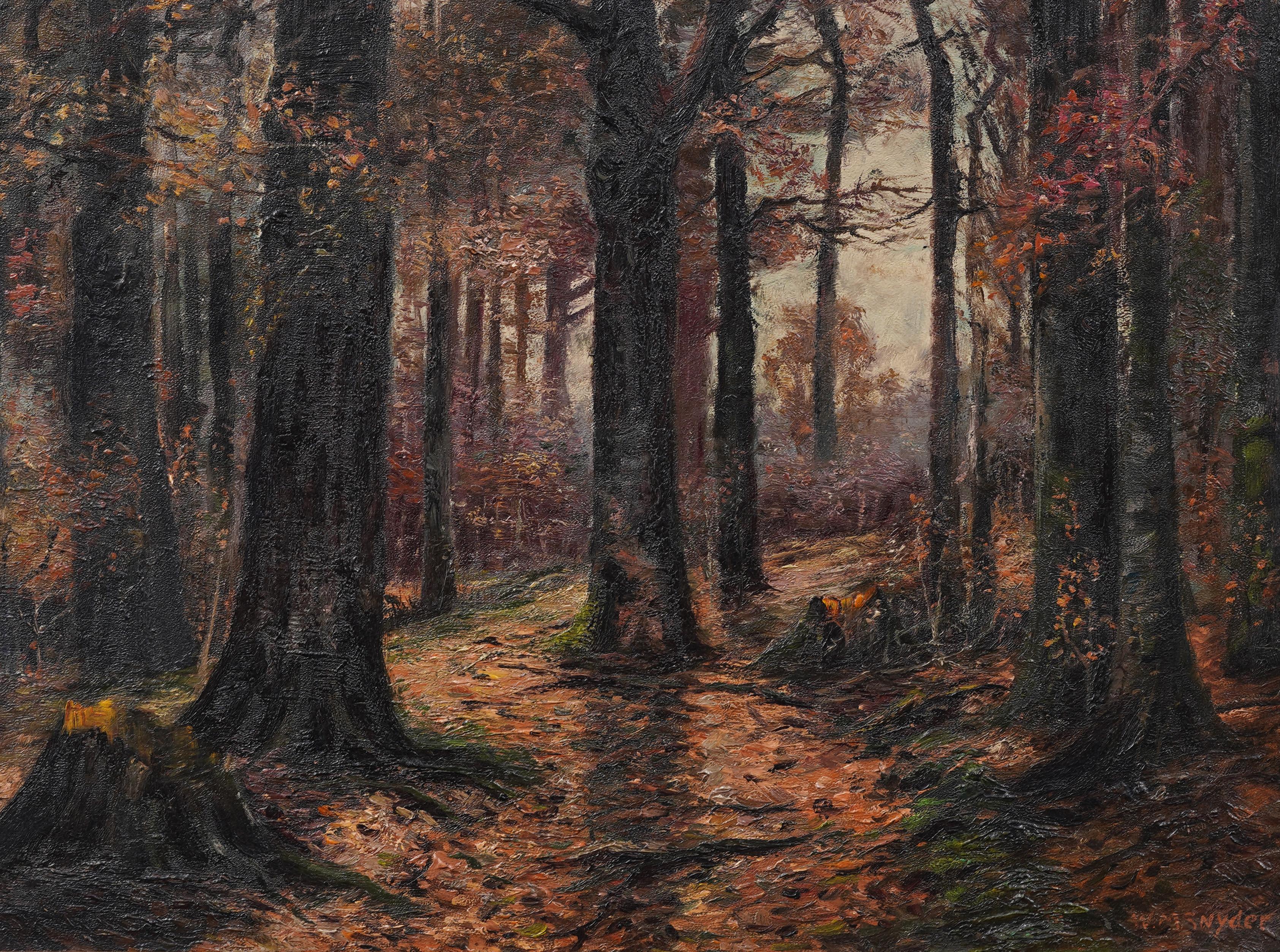 Quadro antico impressionista americano Indiana Forest Interior con cornice - Landscape Painting Nero di William McKendree Snyder