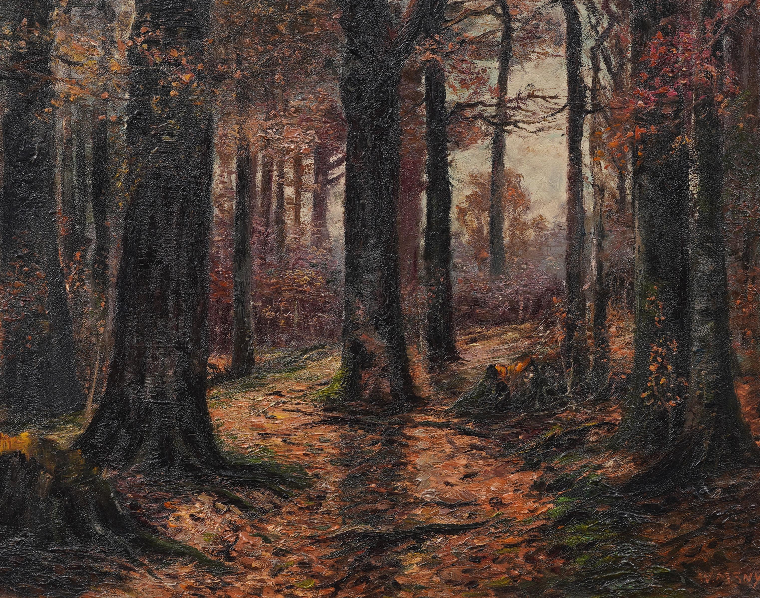 Impressionante dipinto ad olio di William McKendree Snyder (1848 - 1930), un paesaggio interno di una foresta di stampo impressionista.  Incorniciato.  Olio su tavola.  Firmato.  Dimensioni dell'immagine, 18H per 24L.