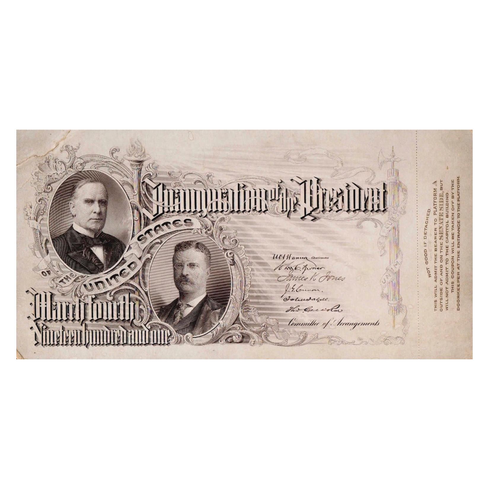 William McKinley and Theodore Roosevelt Original Engraved Inaugural Ticket, 1901