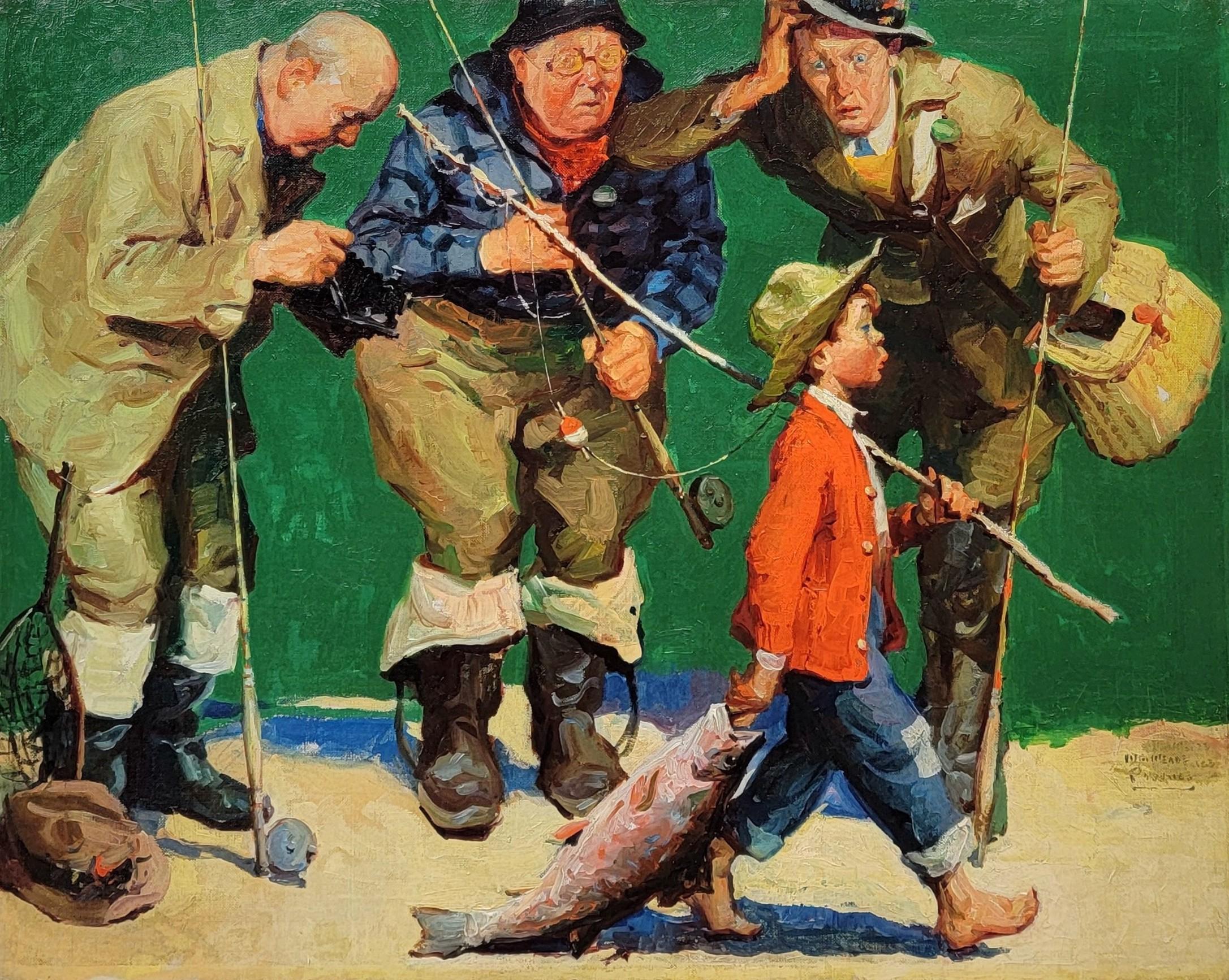 Fishing au mât de canne, couverture de magazine d'origine, illustration américaine, sport - Noir Animal Painting par William Meade Prince
