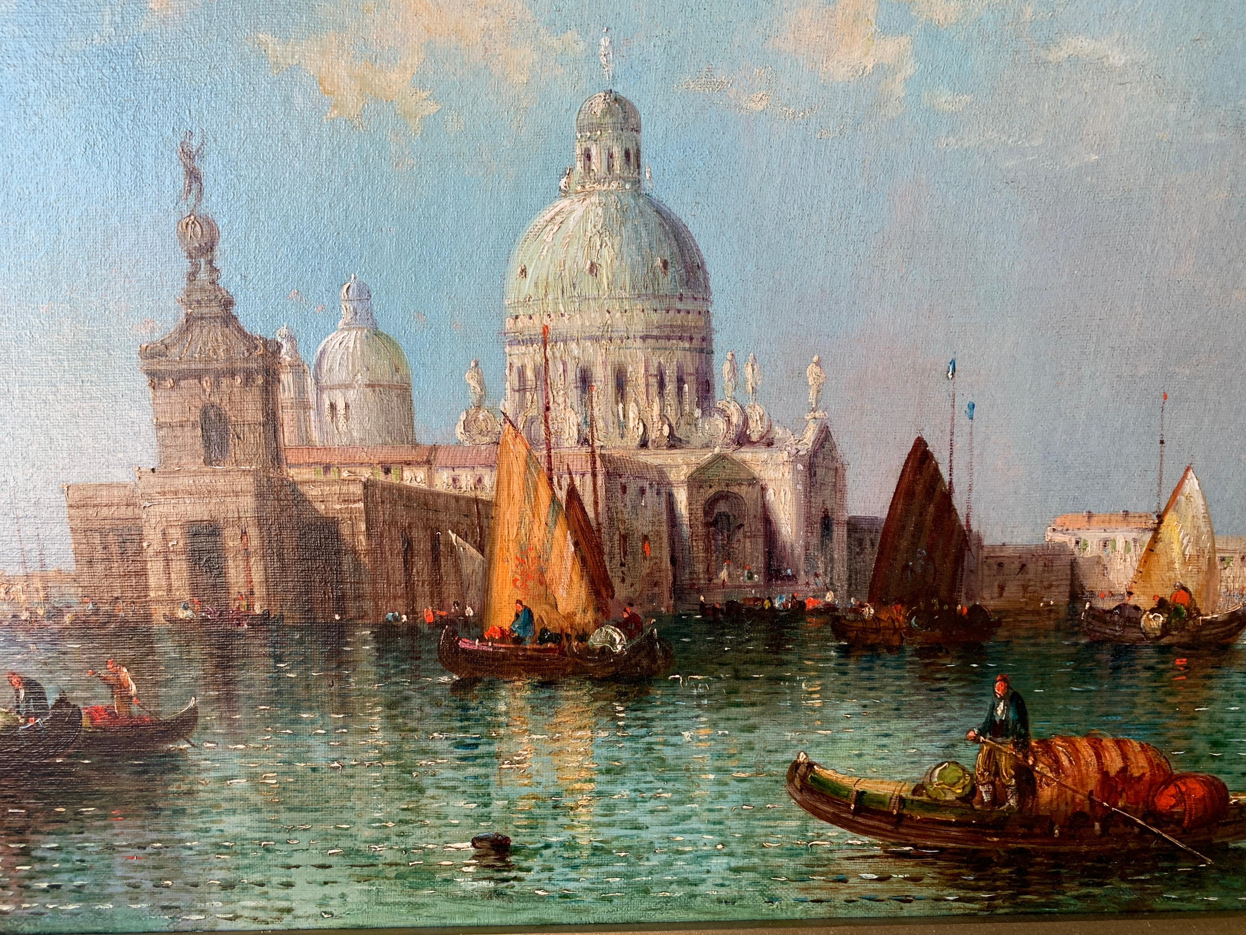 Antique oil  19th century View of Venice, Santa Maria Della Salute from a canal. - Painting by William Meadows