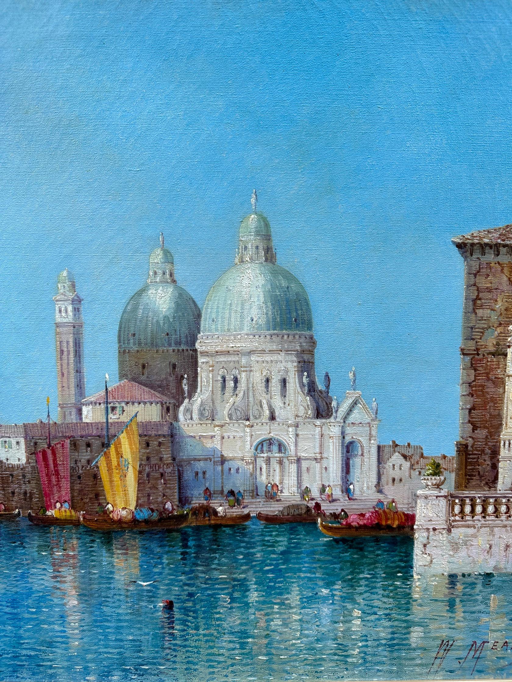 Antique oil  19th century View of Venice, Santa Maria Della Salute from a canal. - Painting by William Meadows