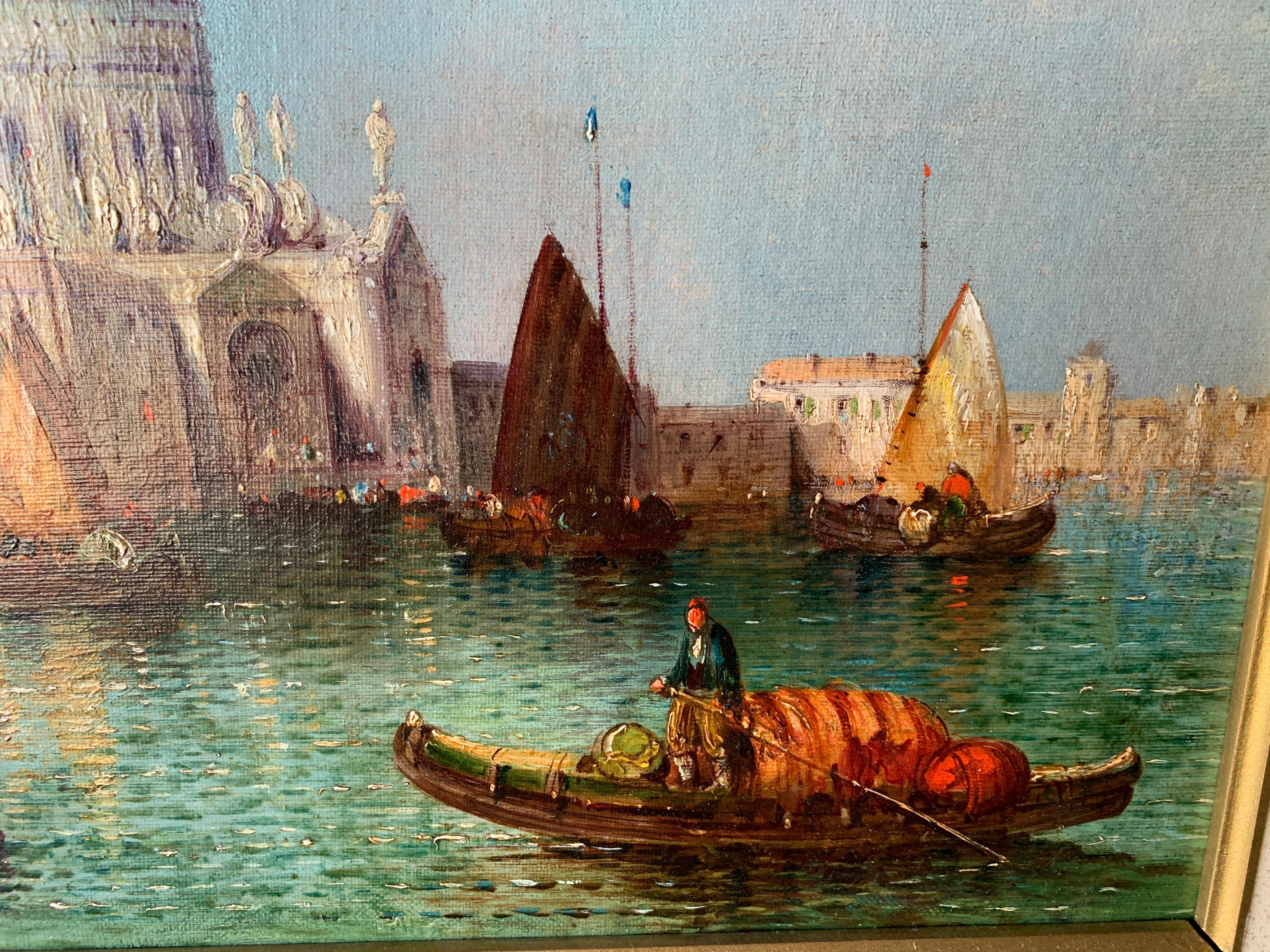 Antique oil  19th century View of Venice, Santa Maria Della Salute from a canal. - Victorian Painting by William Meadows