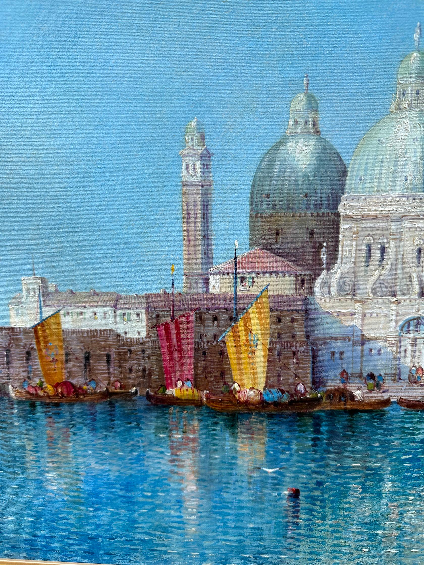 View of the Santa Maria Della Salute in Venice by one of England's best-known landscape and Venetian painters.

This example is a very well-painted piece and is a great composition. 

It is framed in an English Classic running pattern

Tracing the