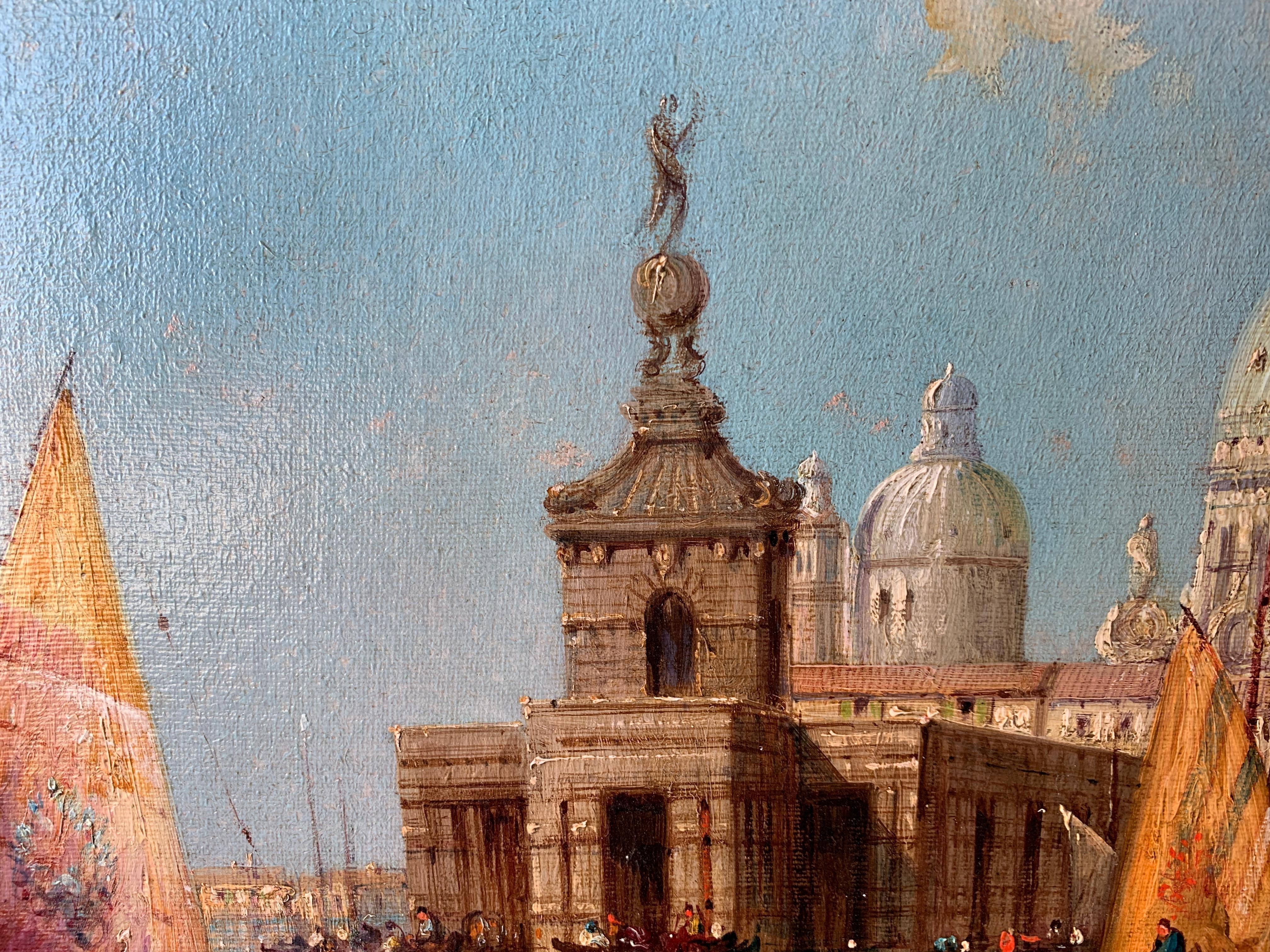 Antique oil  19th century View of Venice, Santa Maria Della Salute from a canal. 1