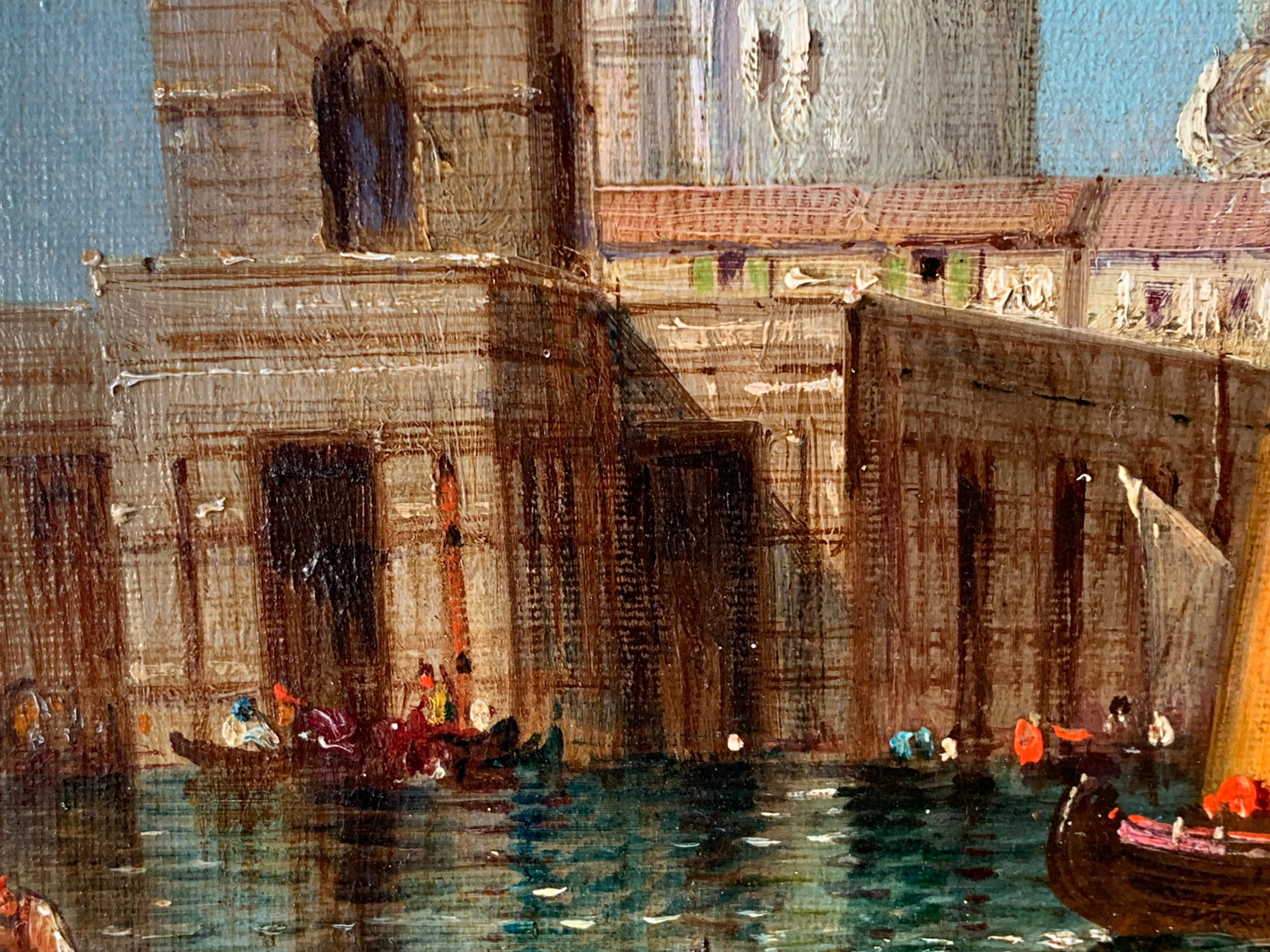 Antique oil  19th century View of Venice, Santa Maria Della Salute from a canal. 3