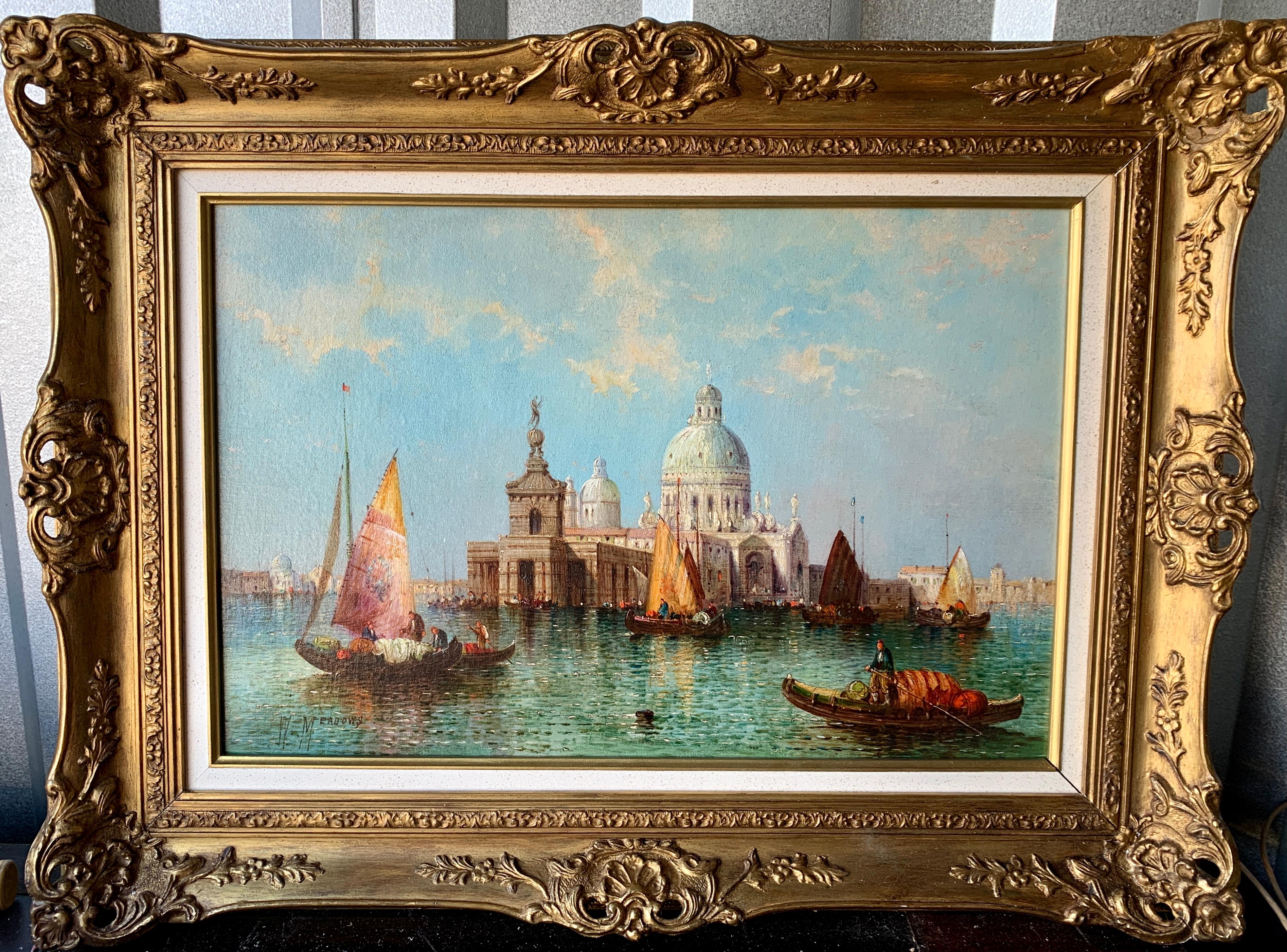 William Meadows Landscape Painting - Antique oil  19th century View of Venice, Santa Maria Della Salute from a canal.