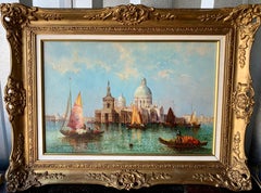 Ancienne huile du XIXe siècle Vue de Venise:: salut de Santa Maria Della Salute depuis un canal.