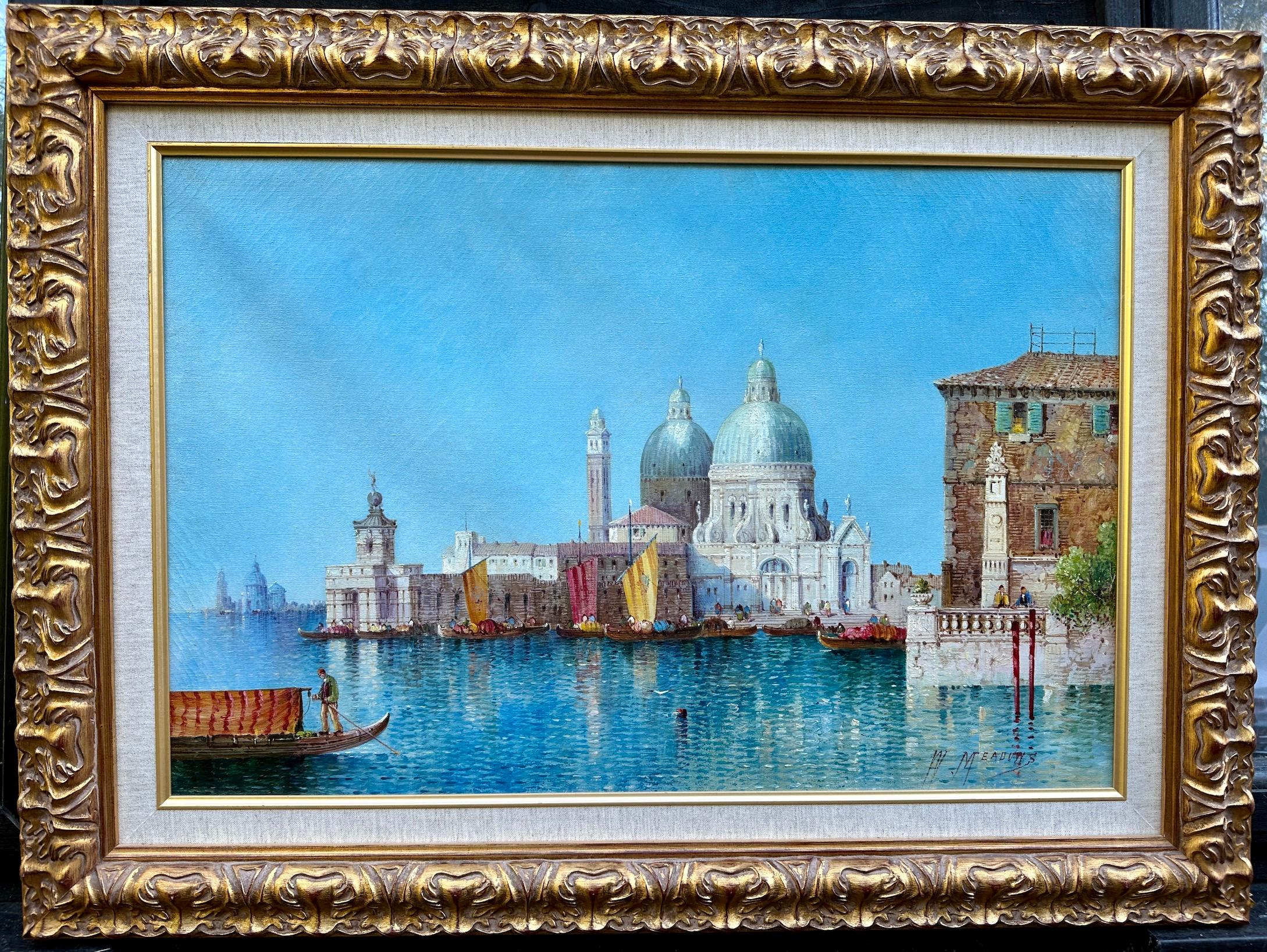 William Meadows Figurative Painting - Antique oil  19th century View of Venice, Santa Maria Della Salute from a canal.