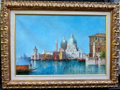 Antikes Öl  Ansicht von Venedig, Santa Maria Della Salute aus einem Kanal aus dem 19. Jahrhundert.