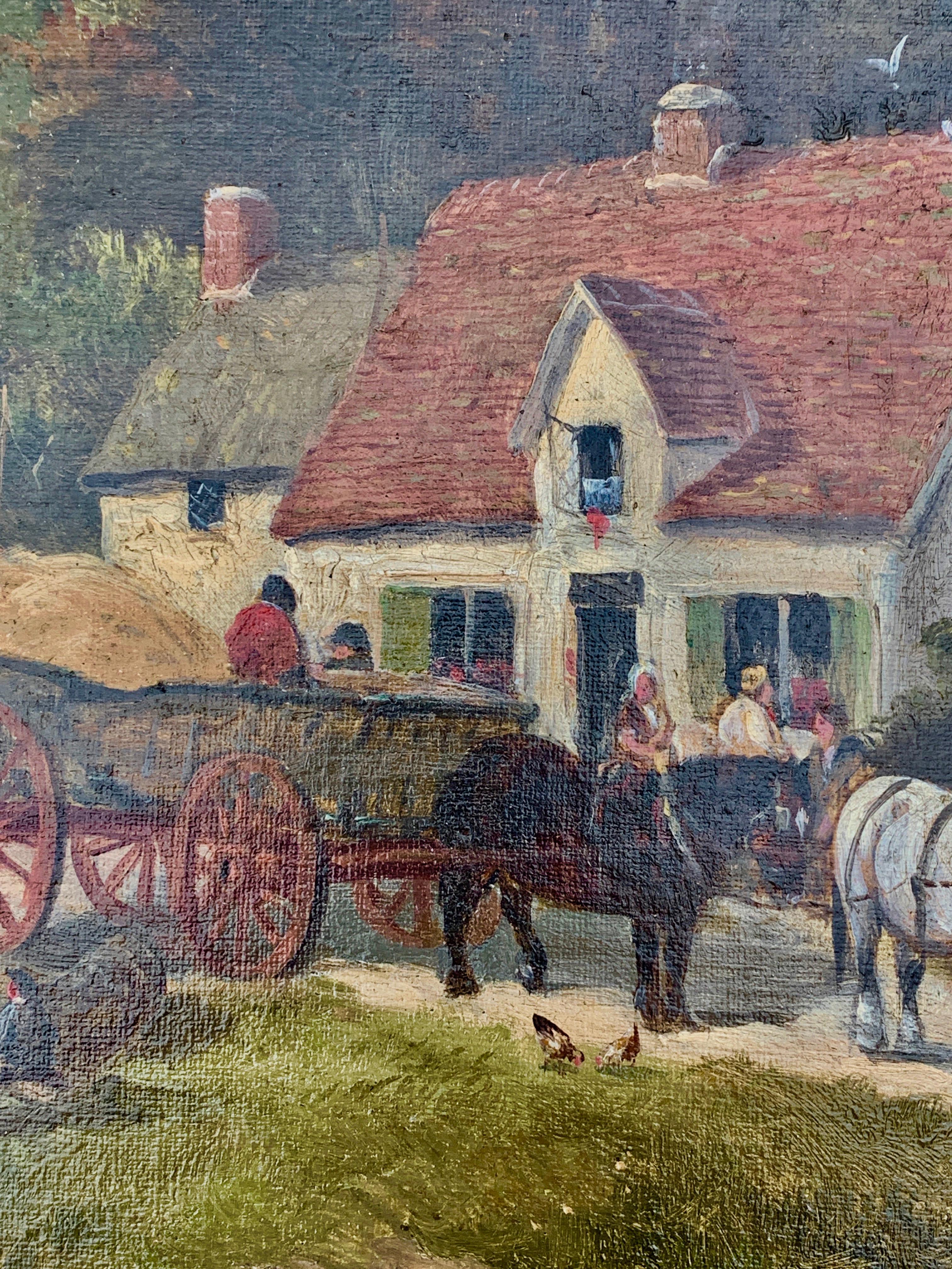 English Victorian 19th century Cottage landscape with horses and cart - Painting by William Meadows