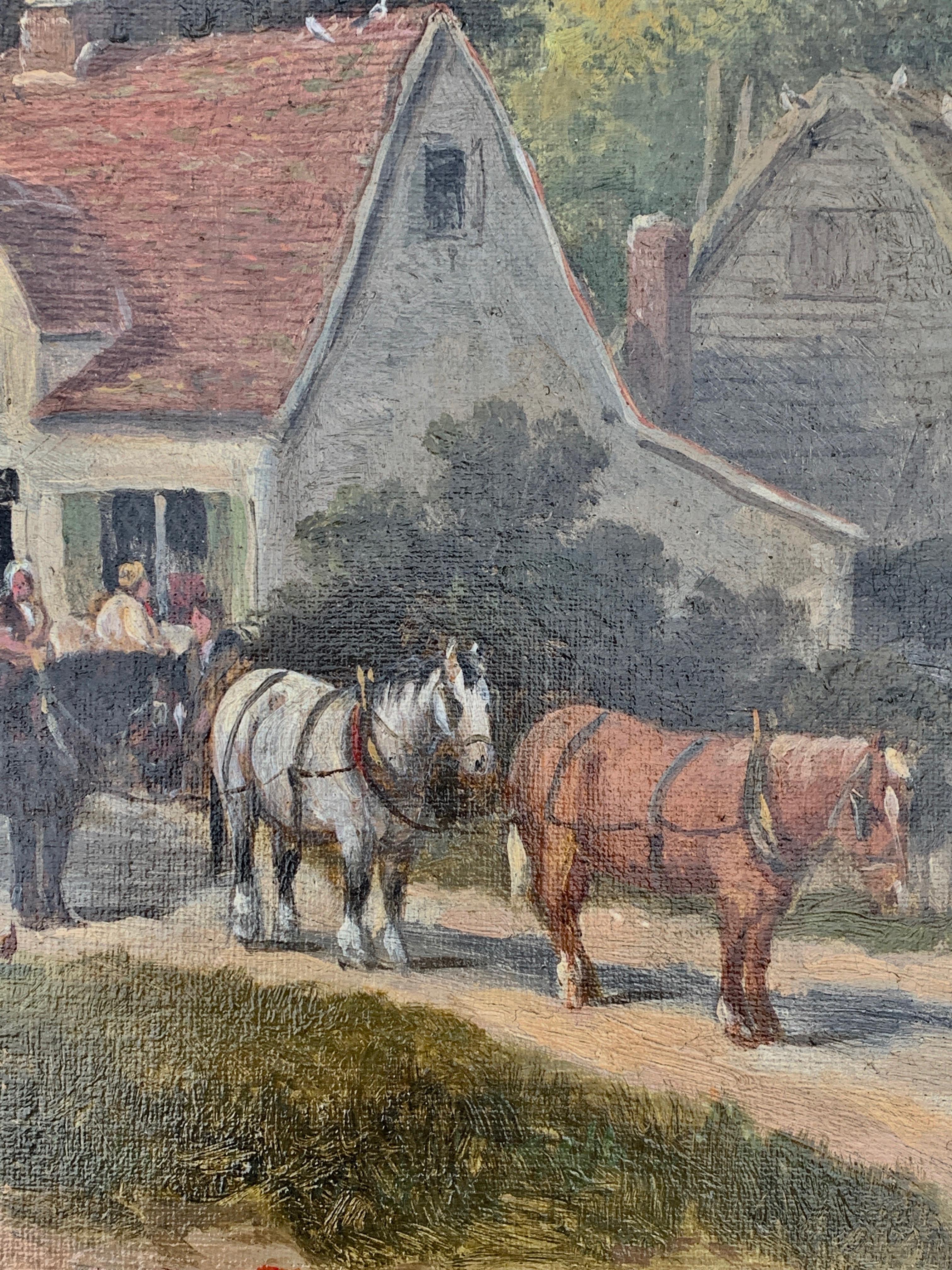 English Victorian 19th century Cottage landscape with horses and cart - Brown Landscape Painting by William Meadows
