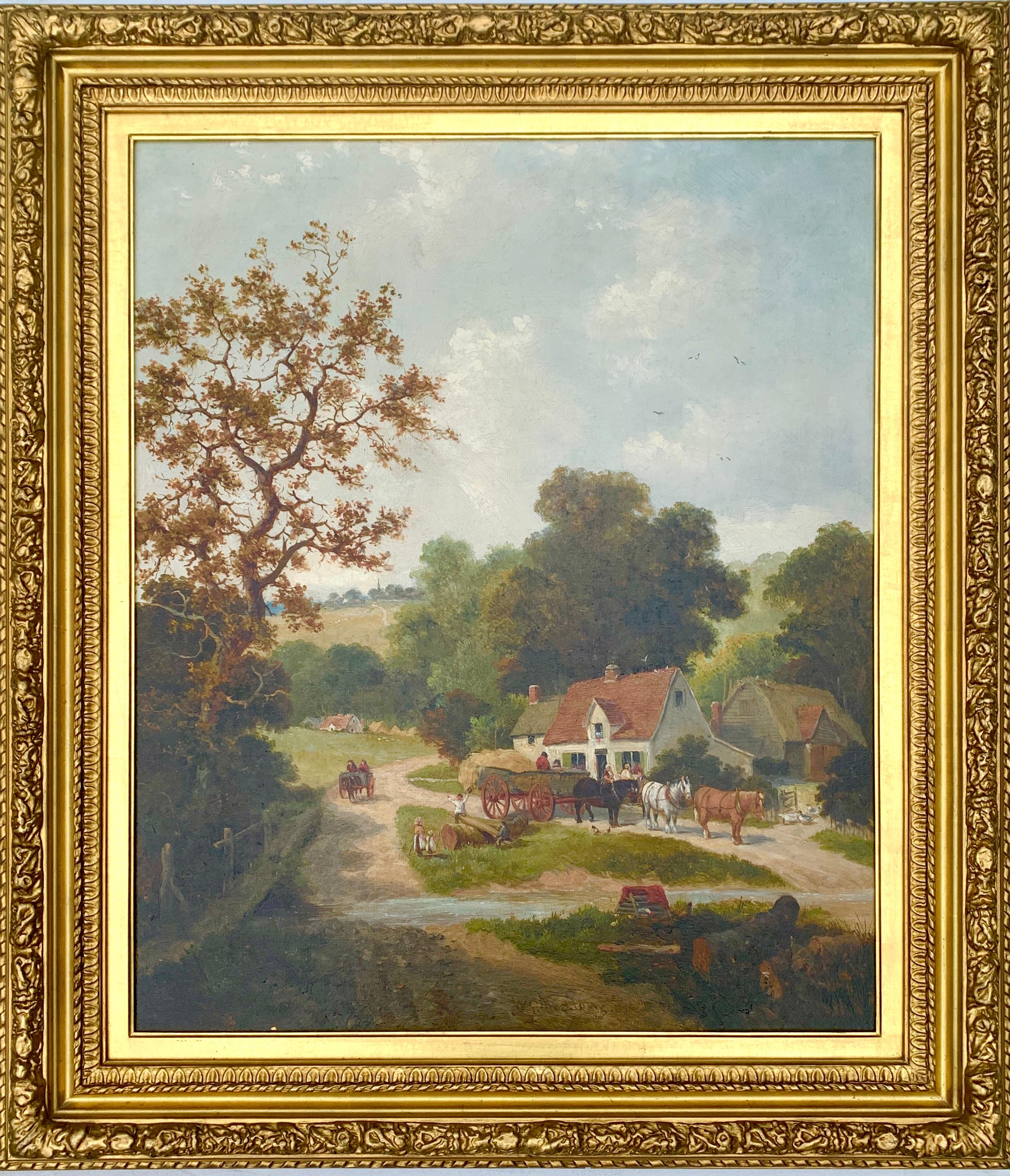 William Meadows Landscape Painting - English Victorian 19th century Cottage landscape with horses and cart