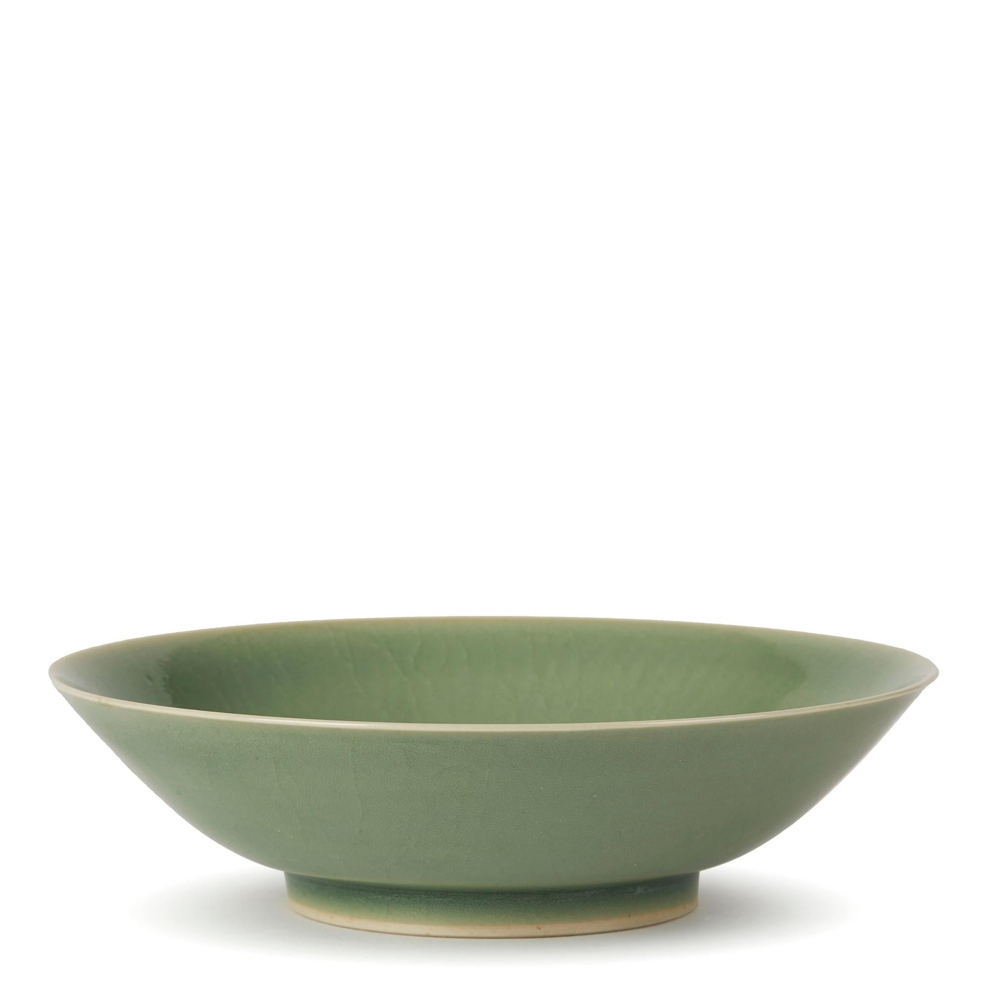 Glazed William Mehornay Studio Pottery Porcelain Green Celadon Dish, 1980 For Sale