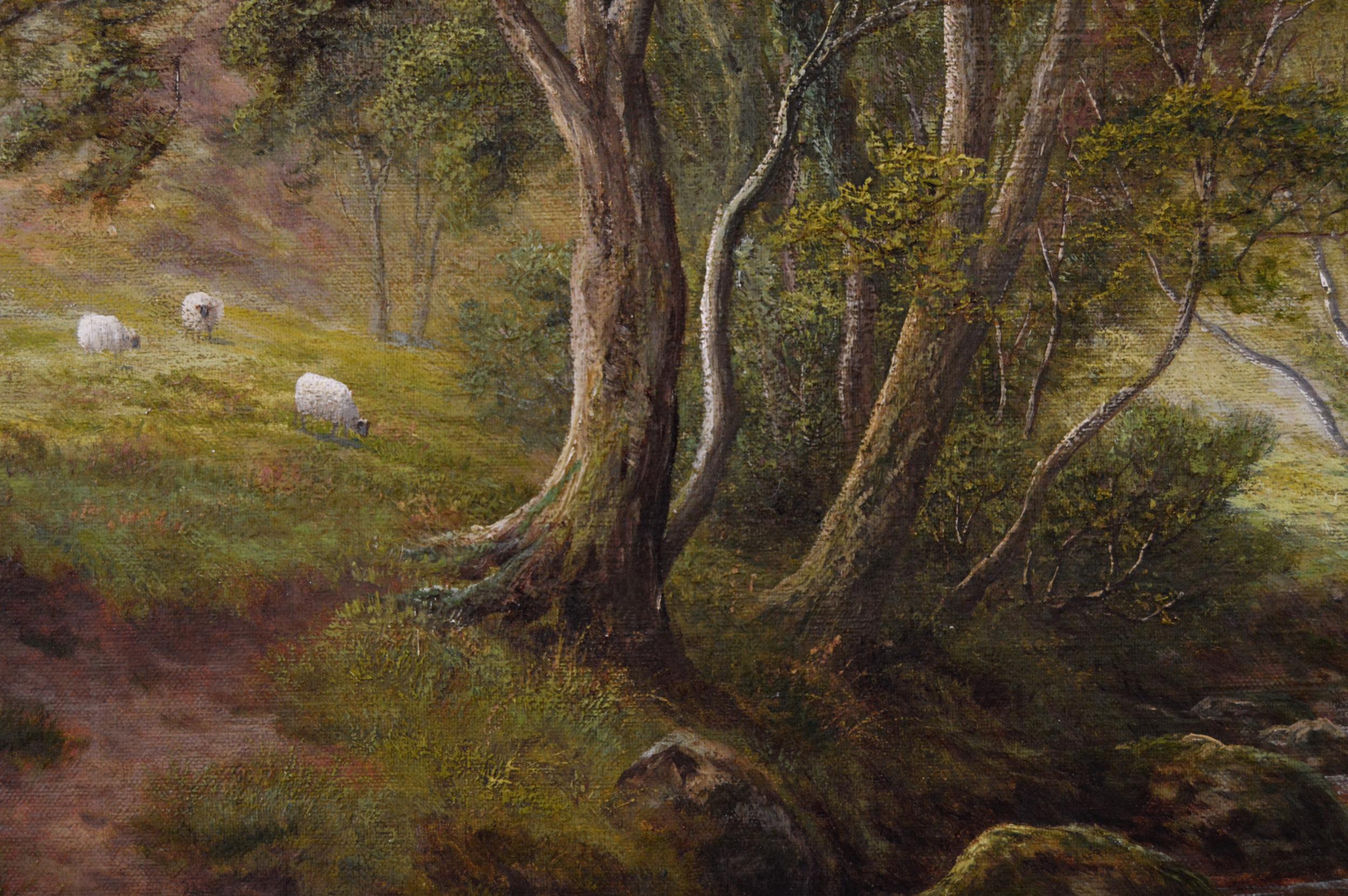 Peinture à l'huile de paysage du 19e siècle représentant un vallon de rivière  - Marron Landscape Painting par William Mellor